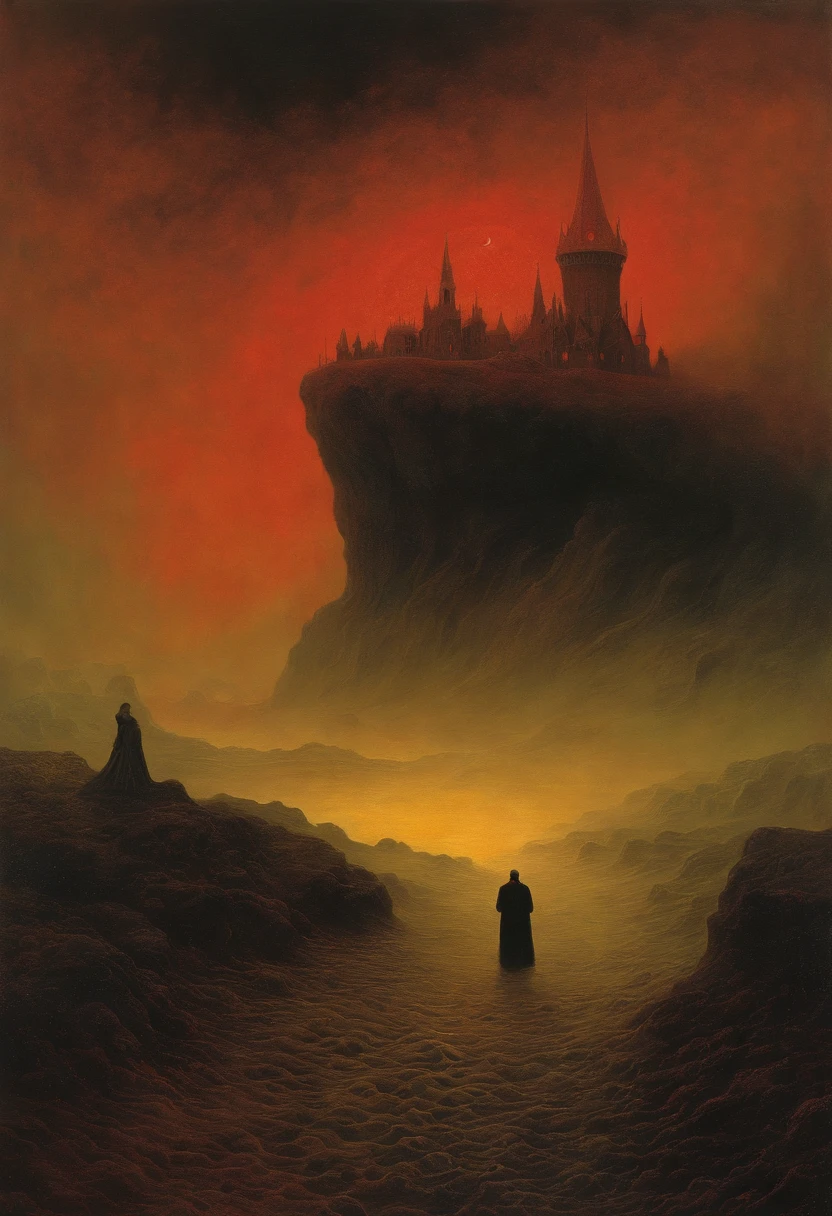 Cthulhu Mythos author:Zdzislaw Beksinski和Van Gogh, album covers, romatic, surrealism, Futuristic ,satan, coral, wizard, abstracted, Dark, Red, hell, landscape
