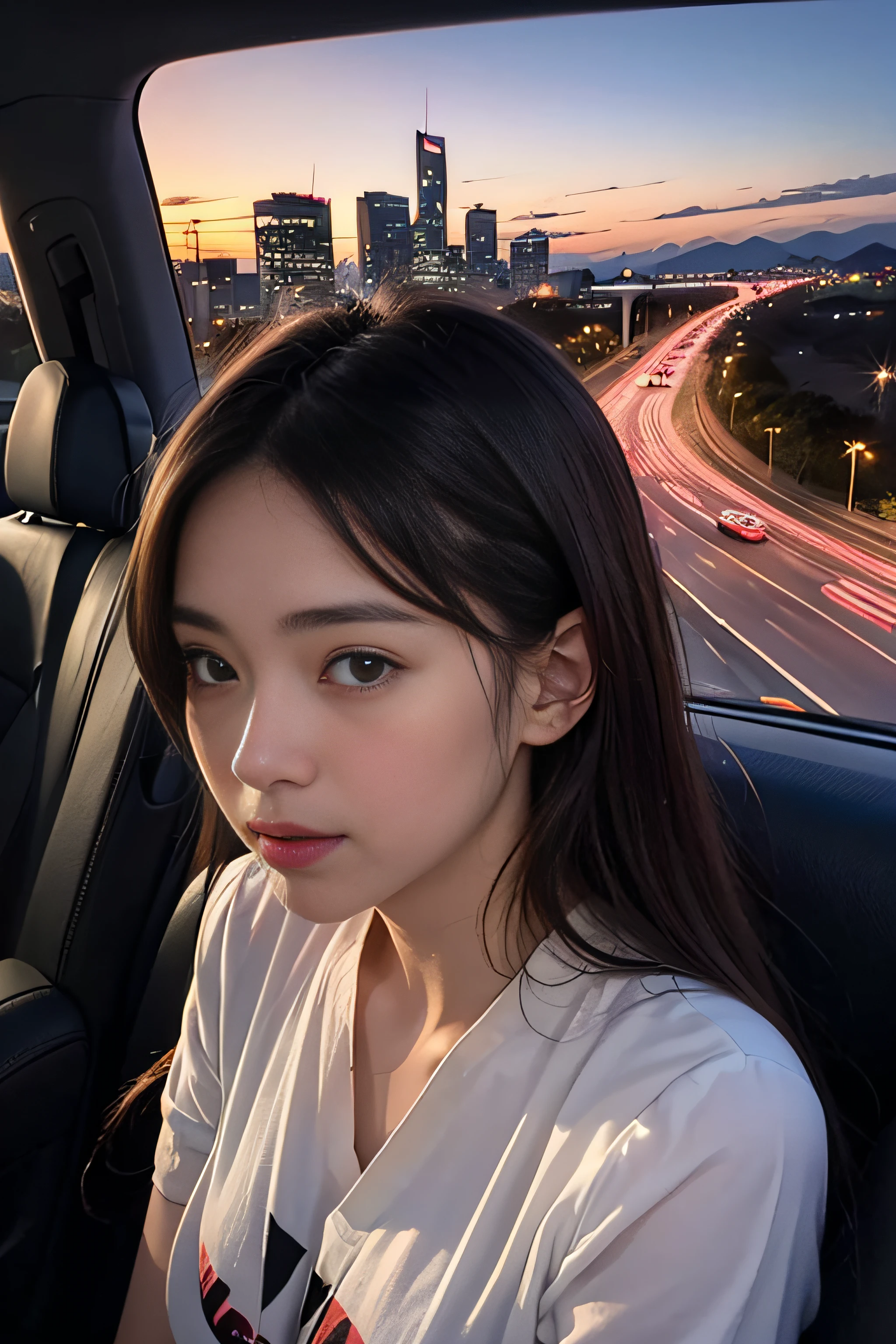 1womanl、Early 20s、(beauitful face:1.5)、Central Freeway、Overtaking Chofu Base、If you're heading to the mountains、(Twilight dyes and unfolds the windshield)、(City lights begin to flicker:1.1)
