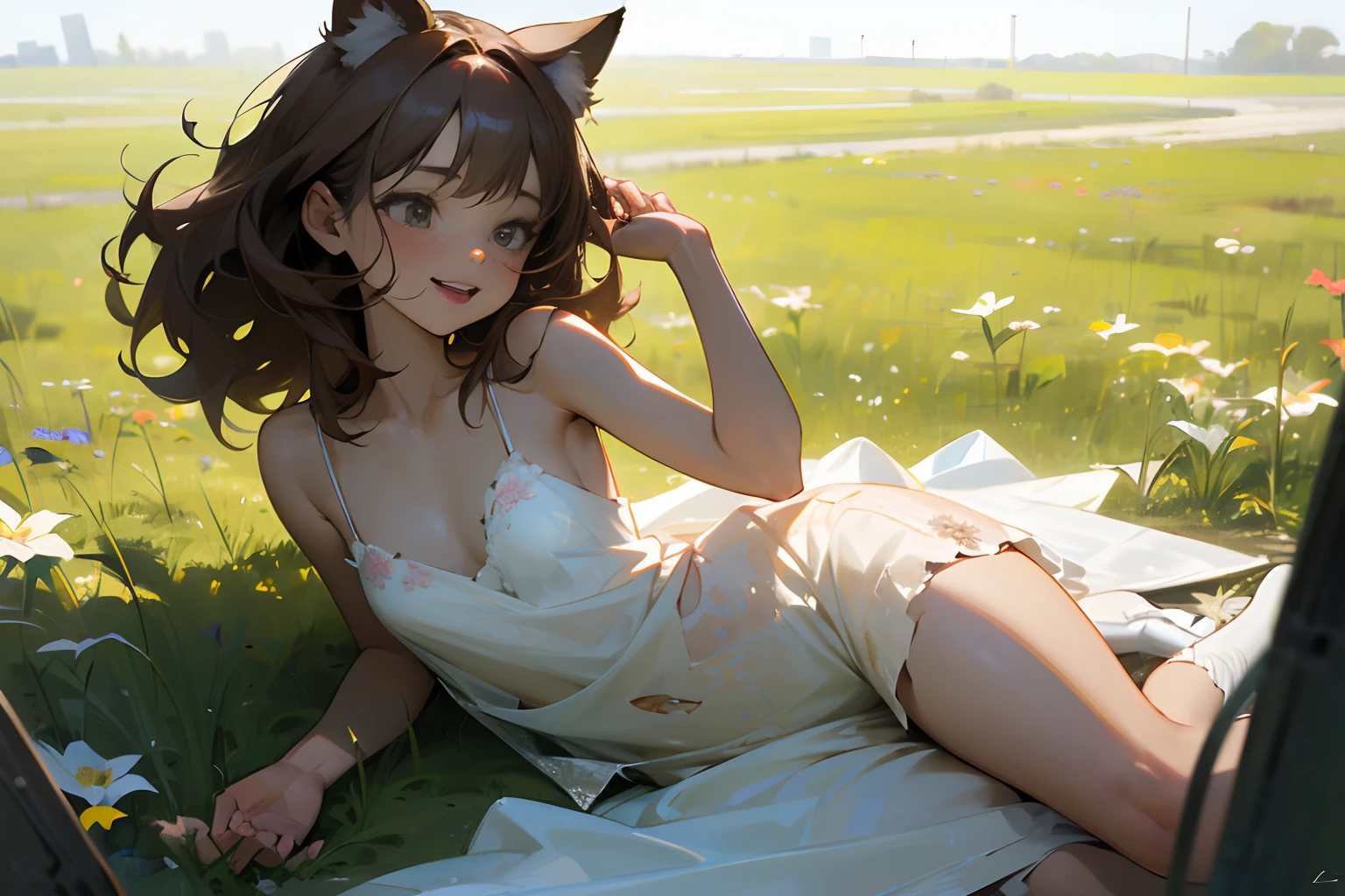 ((Masterpiece)), (High Definition:1.3), Beautiful,(Masterpiece), 8K, Super detail, Realistic, Beautiful photo, Textured skin, cinematic lighting, from side, 1girl, (Very messy medium hair、Cute beautiful girl, Sit on the grass with your legs stretched, Flowery ruins), (exposed breast, Heavily battered and torn dirty white camisole, Slender small breasts, Smile and open your big mouth), Textured skin, Cat ears, Pale brown hair、summer day