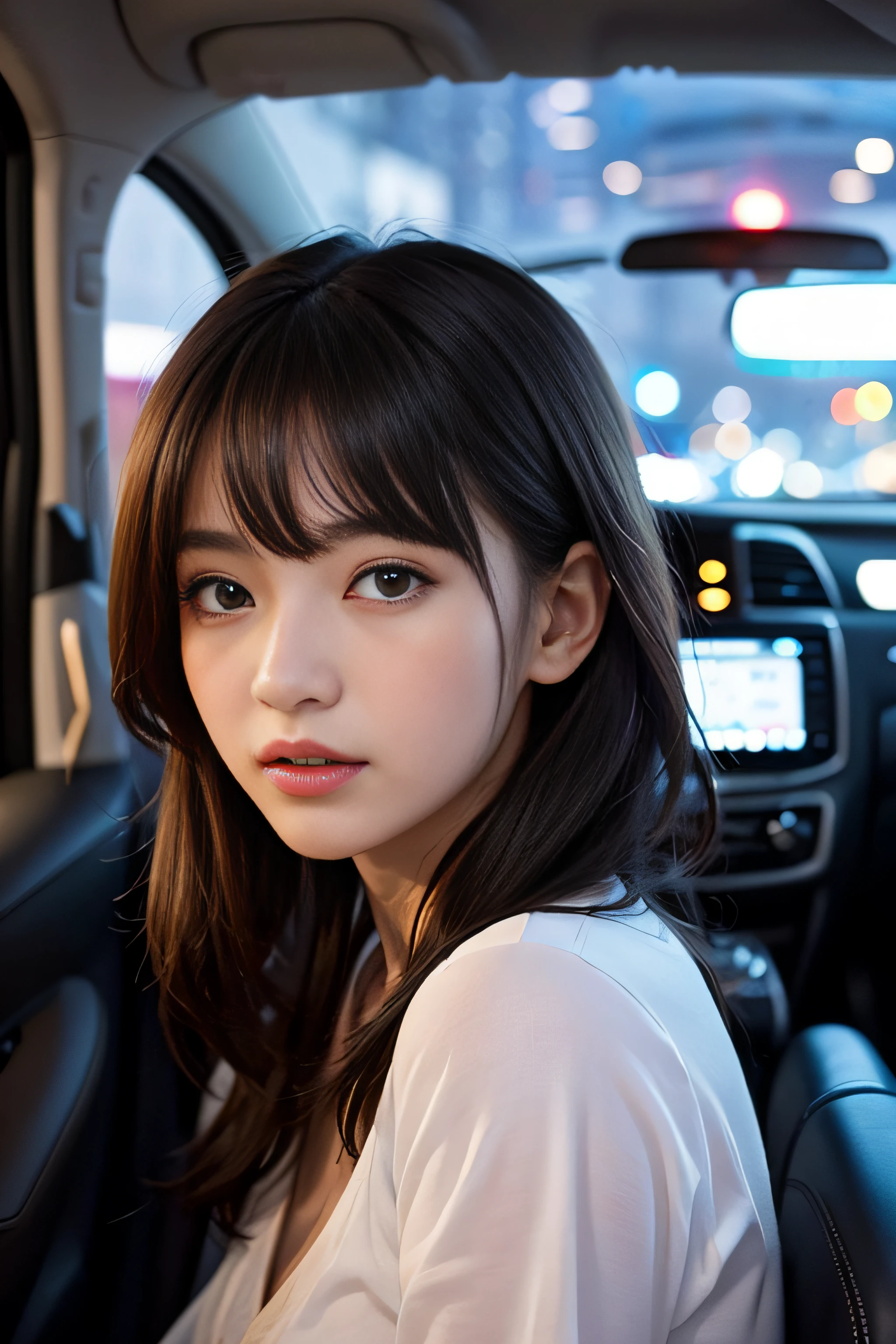 8K、High definition、Ultra Detail、Photorealistic、Realistic and accurate depiction、Realistic and accurate human anatomy、High resolution、Highest quality、Japanese beautiful girl、masterpiece,Highest quality,Raw photo、She sits in the passenger seat of the car、Drive Date、A very cute face like an idol 、Very beautiful black hair、A refreshing smile、Cute hairstyle