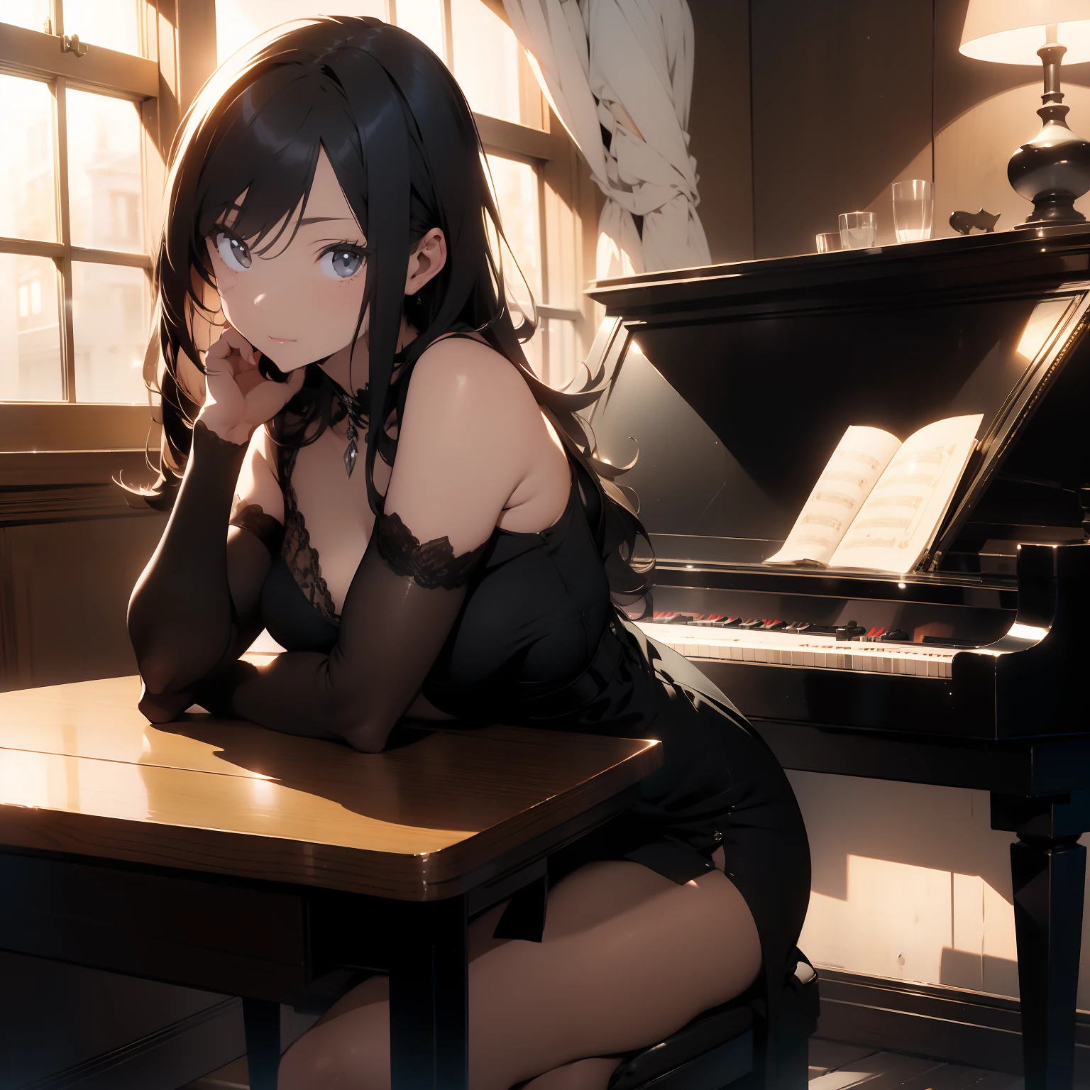 araffe sitting on a chair in front of a piano, sultry and beckoning, seductively looking in front, elegant seducing pose, gorgeous female, sexy dominant pose, sitting on a table, sat at her desk, on a desk, very sexy pose, sitting on a desk, 4 k glamour photography