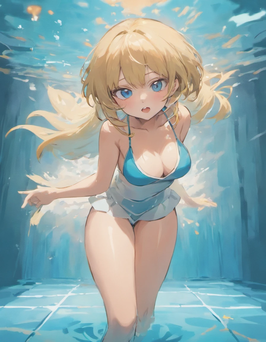 Create a photo realistic young woman with blonde hair (length until her shoulders), blue eyes and large boobs. She wears a white t-shirt, round neck, long fit and short sleeves, without a bra, and she also wears a uni color black cotton mini skirt. She climbs out a swimming pool, dripping wet. The t-shirt clings to her body and is a little transparent. Full body, wide angle shot.