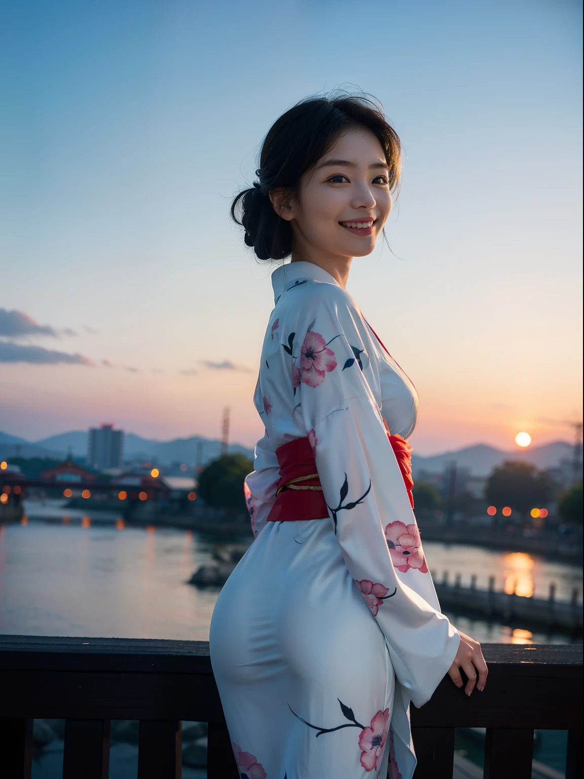 looking in camera,(((of the highest quality, 8K, masutepiece))), Crisp focus, (Beautiful woman with perfect figure), slender, (Hairstyle:   ass hole up)), ((Kimono: CALA)), Street: 1.2 Highly detailed face and skin texture Detailed eyes Double eyelids Random posture, (Smile),Super cute Japan person,Super Beautiful Japan Girl, Realistic face, 二重まぶた,Smile,Summer festival , At sunset , Beautiful teeth , firework background.