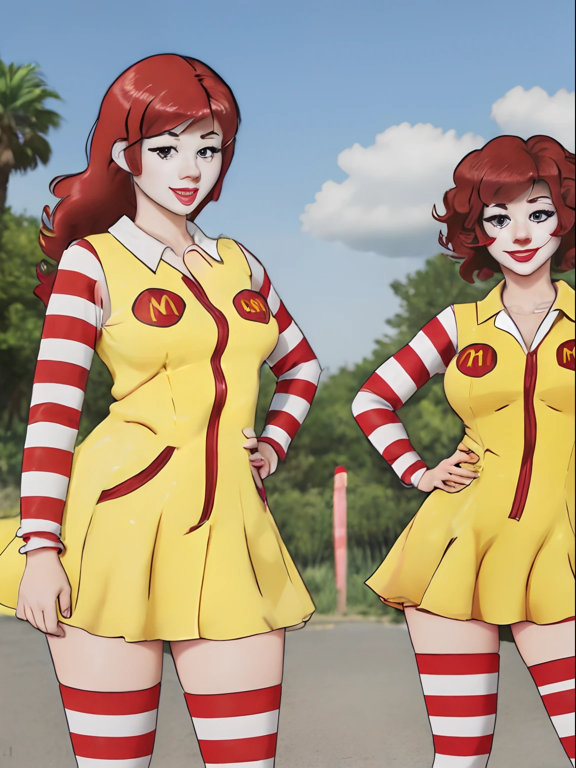 Female Ronald McDonald, Realistic anime, yellow dress, curvy body