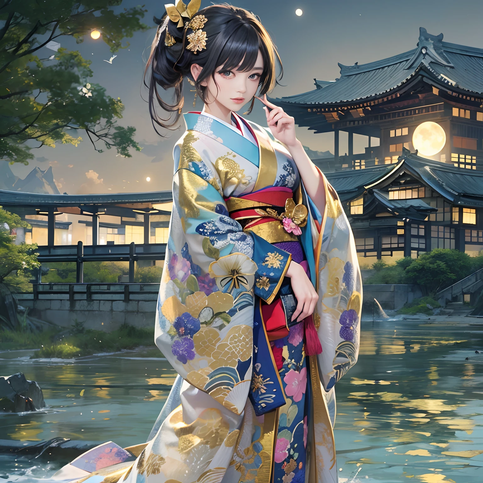 watching at viewers、Ancient capital and moon in the background、((Dense background))、poneyTail、Woman with shiny black hair、perfect hand、break {{{Luxury kimono(Colorful kimono(Detailed golden embroidery,))}}}、face perfect,Depict a beautiful and graceful woman of Japan。Heart in the eye。full body Esbian。 Wallpaper 8K, .Blur the background with a sickle,((masutepiece)), ((Best Quality))