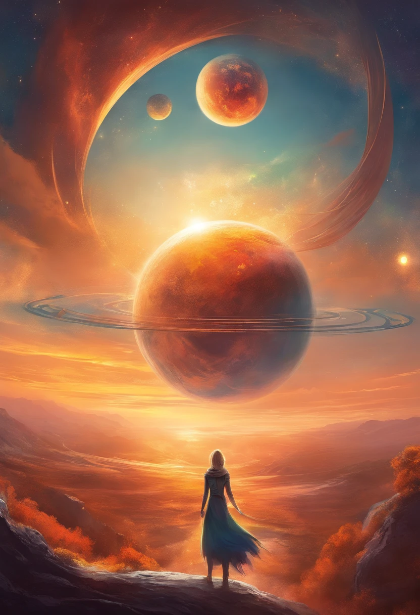 There is a woman in front of a painting of a planet, cidade futurista no fundo, arte psytrance, formas de vida humanas interconectadas, Panoramic view of the girl, progressive rock album cover, Sonho do infinito, poeira estelar, galaxy, Rocha Stoner --AR 16:9 --V 5.1