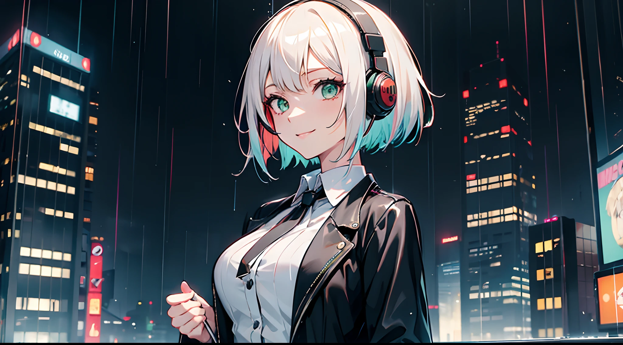 ((masutepiece)), 1girl in, Solo Focus, Tall lady, a smile、Wearing headphones on your neck、Short hair, multicolored hair, Green eyes, Eye-like gemstones, medium breasts, Black coat, White shirt, Accessories, City Background, Futuristic city, Night, Rain, Moody,