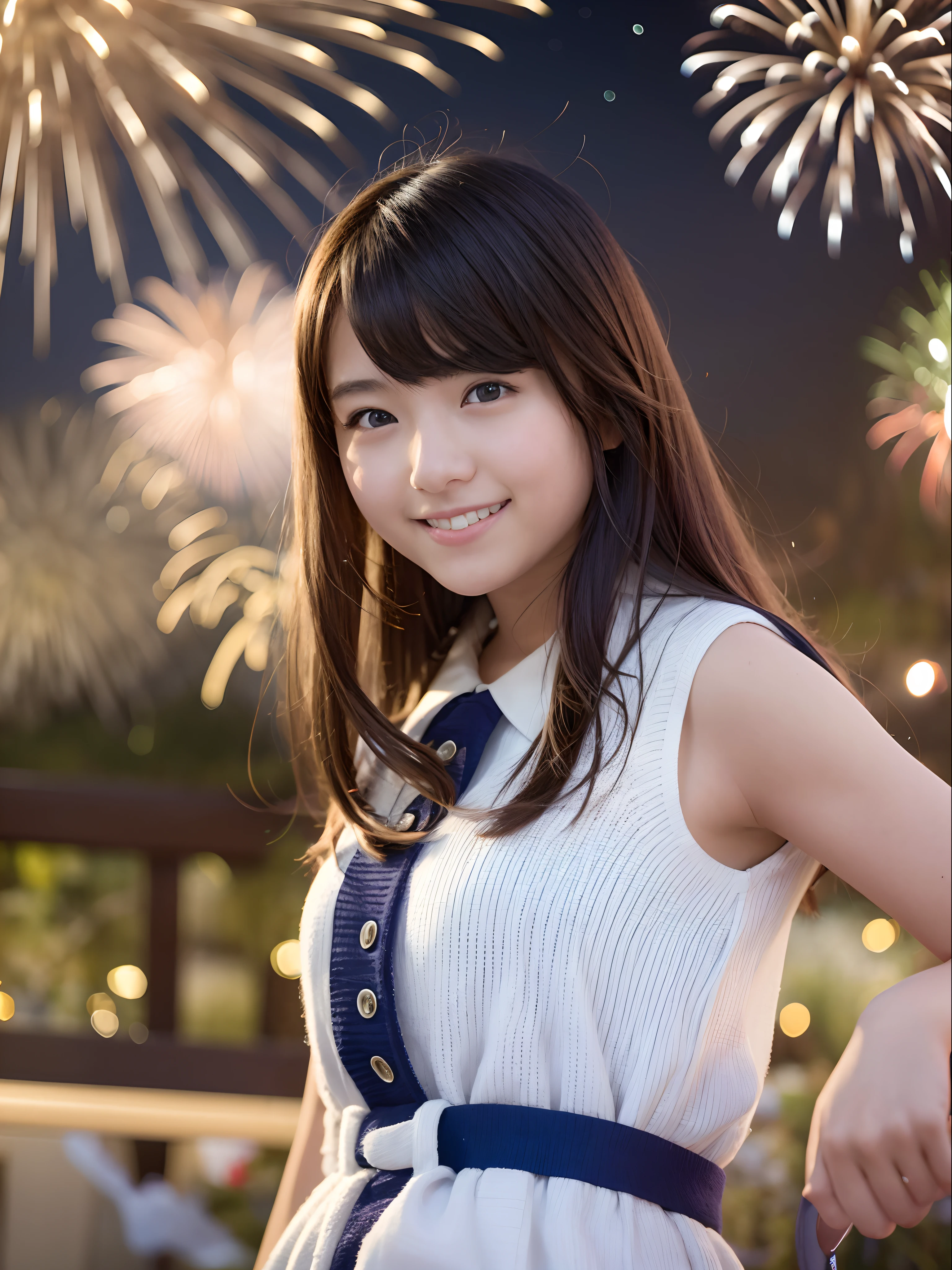 Wide shot of beautiful 18-year-old woman in sailor suit in mysterious fireworks display background: 1.5, Unity 8k Wallpapers: 1.3, highly accurate: 1.1。As a stylish snapshot、18-year-old beauty smiling、Beauty 18 years old: 1.3、wide Shots: 1.2、a miniskirt、Fireworks Display: 1.1。 A smile realisitic、Live action、starrysky