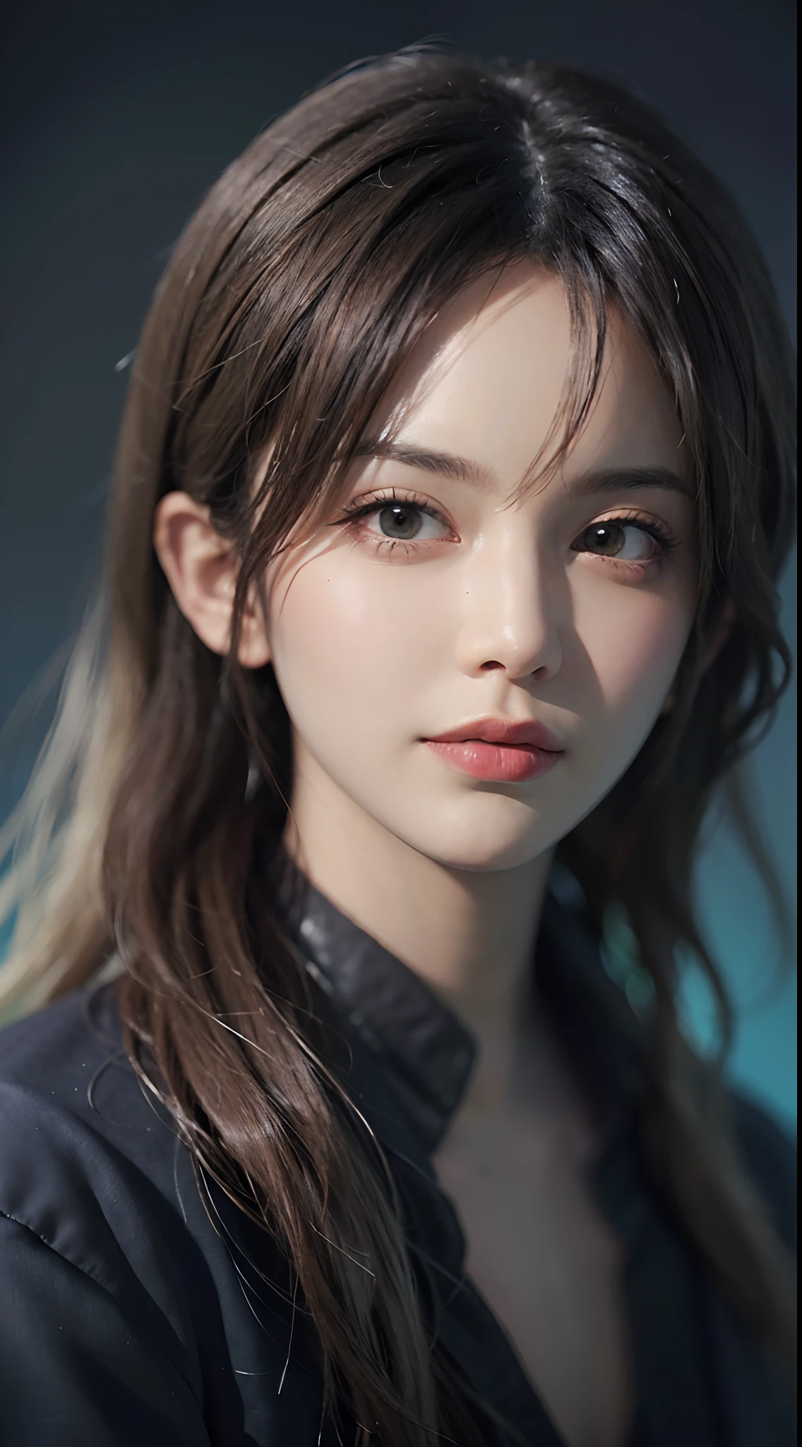 (Ultra Realistic), (Illustration), (Increased Resolution), (8K), (Extremely Detailed), (Best Illustration), (Beautiful and Detailed Eyes), (Best Quality), (Ultra Detailed), (Masterpiece ), ( wallpaper), (detailed face), solo, 1 girl, looking at viewer, fine details, detailed face, in the dark, deep shadows, low key, pureerosfaceace_v1, smiling, long hair, black shawl straight hair , 46 points oblique bangs