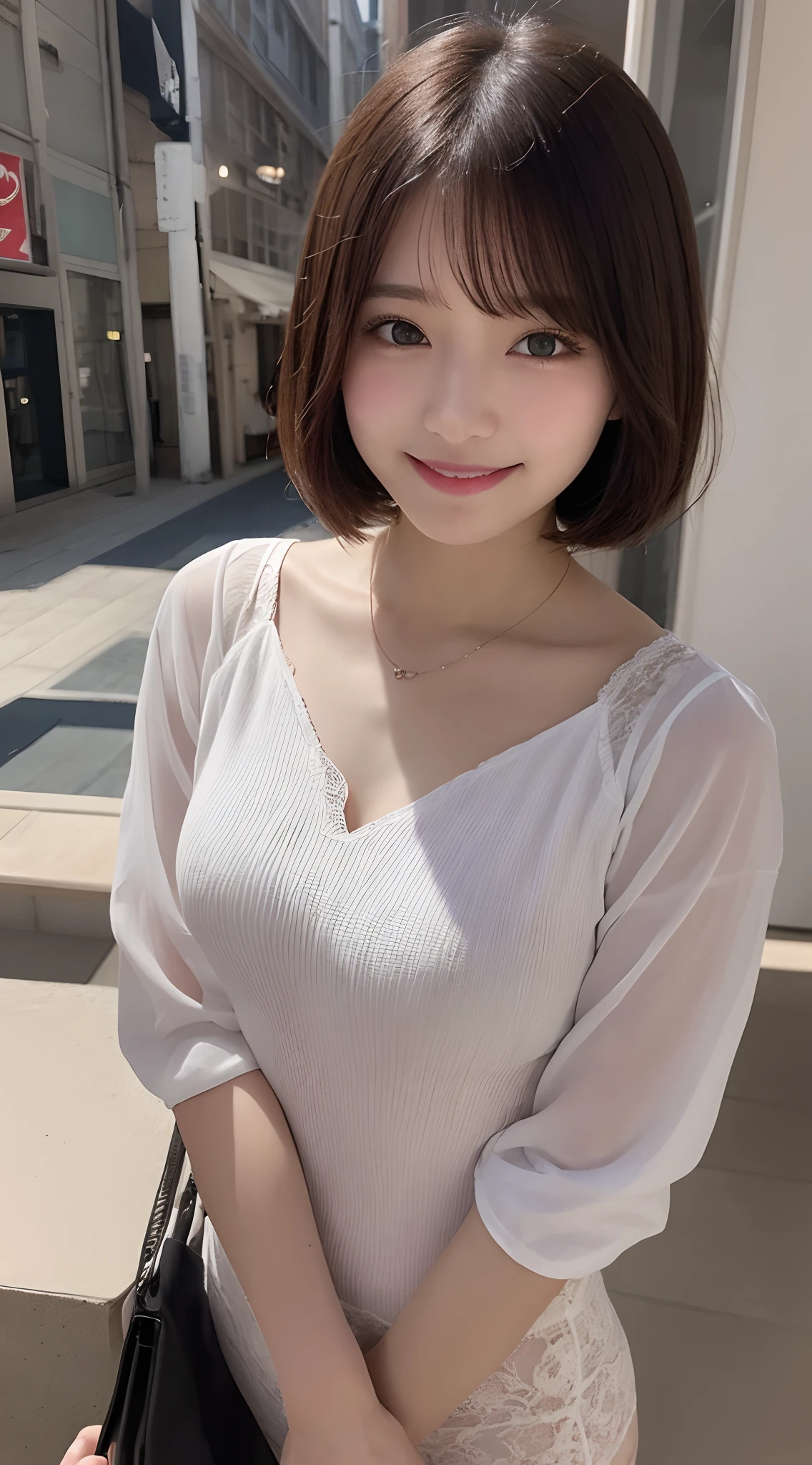 ((masterpiece)), ((Highest quality)), ((Complex)), ((Surreal)), (Realistic), (Mature Woman), ((There are no classes)), Very detailed, (1 female), Beautiful and exquisite, (Beautiful Teeth), Grin, Brunette Bob Hair, Brown eyes, ((blouse)), (Upper Body), (background:none), Perfect Eyes, Captivating eyes, Looking at the audience
