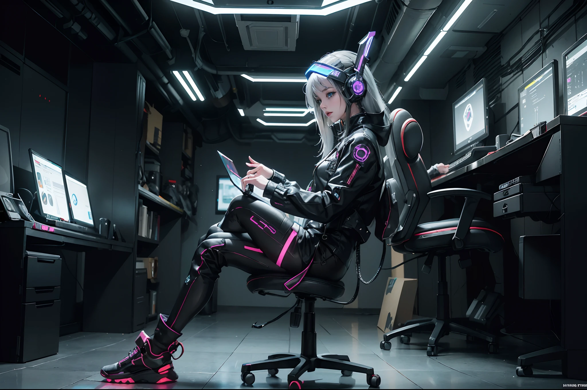 1girll, (cyber punk character: 1.3), bring headphones, illuminated helmet and headphones, wired body, looking at a computer, best quality, masterpiece, film filter presets, professional lighting, (full body: 1.5 ), capture from a futuristic film