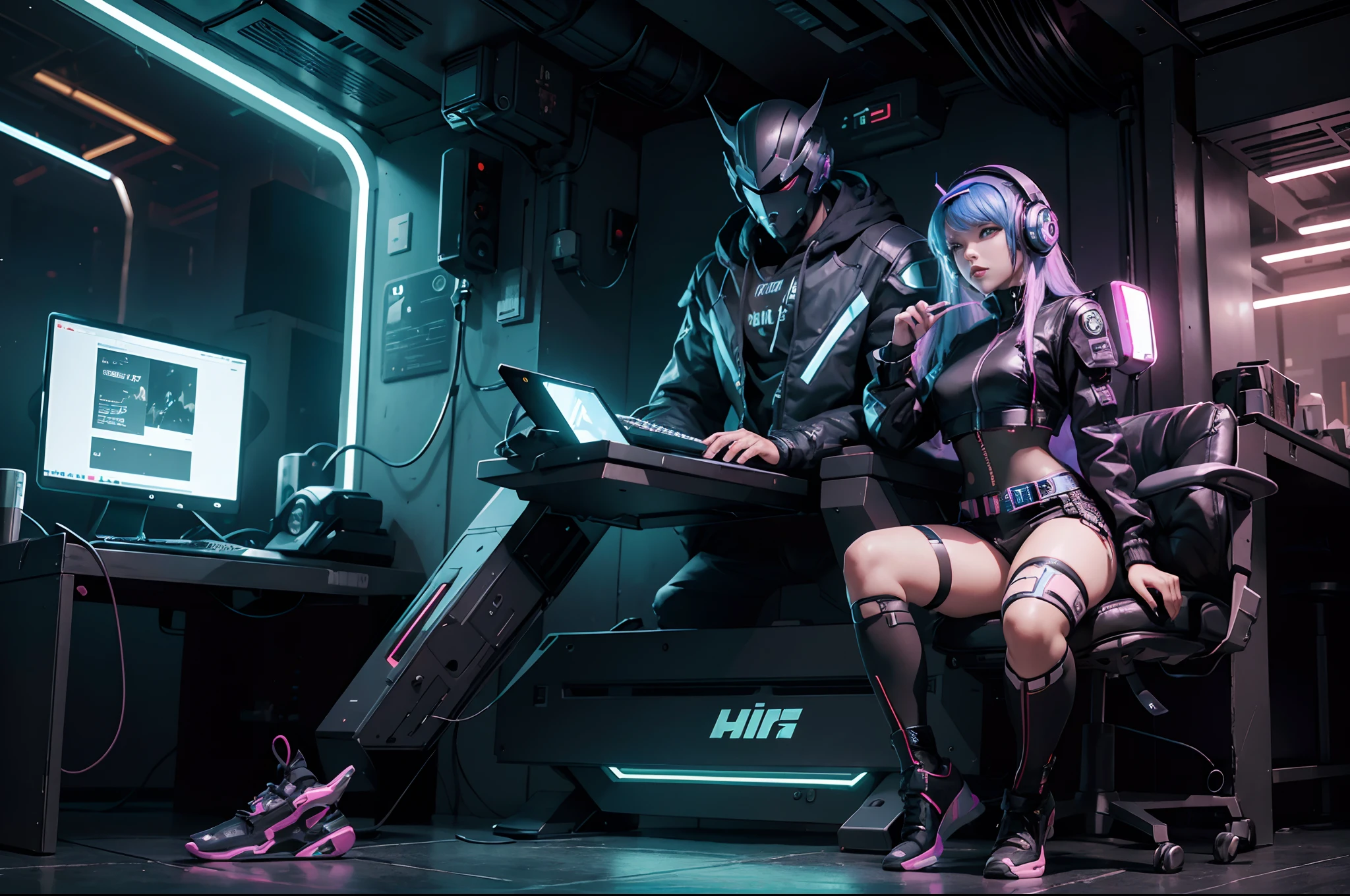 1girll, (cyber punk character: 1.3), bring headphones, illuminated helmet and headphones, wired body, looking at a computer, best quality, masterpiece, film filter presets, professional lighting, (full body: 1.5 ), capture from a futuristic film