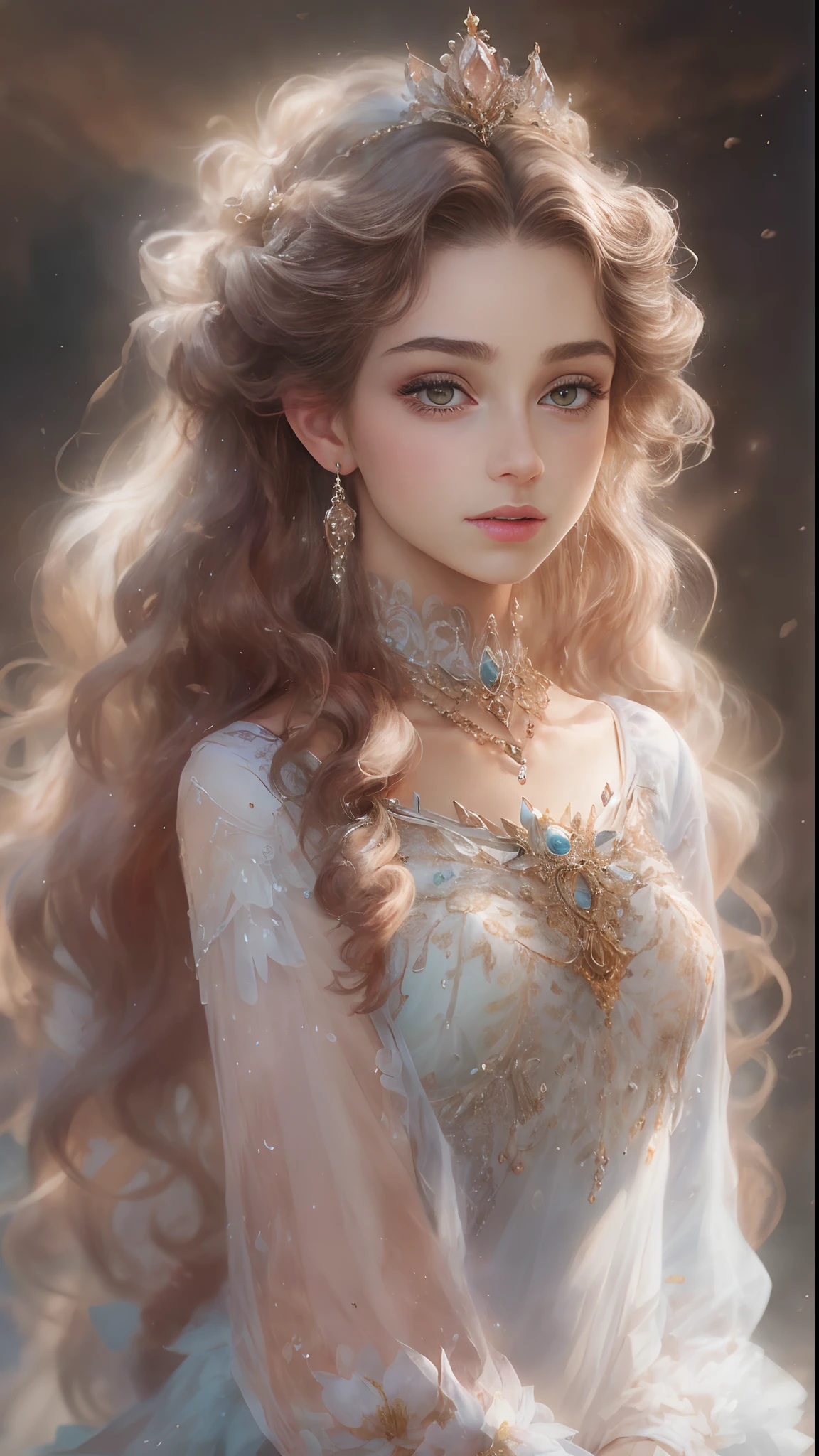 (Best quality, 4K, 8K, A high resolution, Masterpiece:1.2), Ultra-detailed, Realistic portrait of an 18-year-old aristocratic girl, Exquisite facial features,Long brown curly hair details expressed, The posture is leisurely and natural,Graceful posture, Dreamy atmosphere, expressive brush strokes, mystical ambiance, Artistic interpretation,Delicately coiled hair,Floral jewelry with exquisite details, Crystal diamond jewelry,Small fresh aesthetics,Stunning intricate costumes, Fantasy illustration, Subtle colors and tones, mystical aura,The details have been upgraded