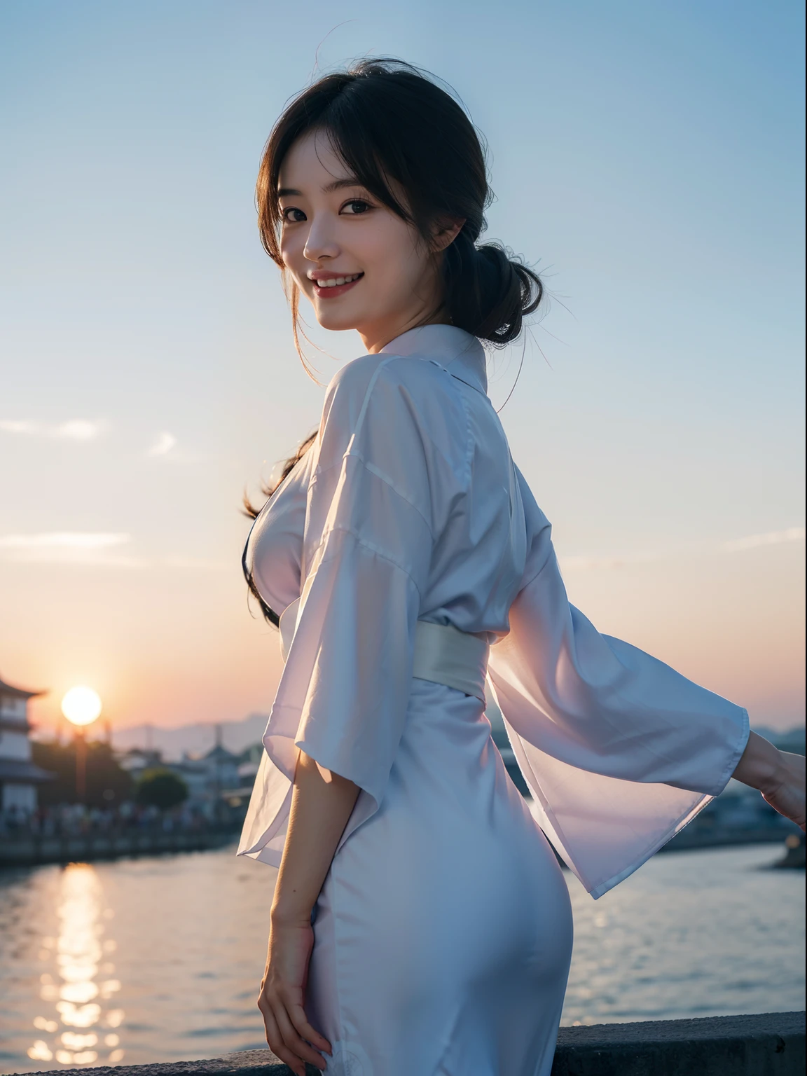 looking in camera,(((of the highest quality, 8K, masutepiece))), Crisp focus, (Beautiful woman with perfect figure), slender, (Hairstyle:   ass hole up)), ((Kimono: CALA)), Street: 1.2 Highly detailed face and skin texture Detailed eyes Double eyelids Random posture, (Smile),Super cute Japan person,Super Beautiful Japan Girl, Realistic face, 二重まぶた,Smile,Summer festival , At sunset , Beautiful teeth , firework background.