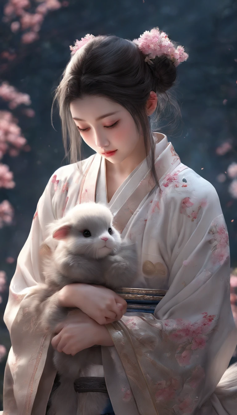 1girl, moon, hair ornament, full moon, cloud, sky,night, chinese clothes, solo, smile, wide sleeves, night sky, long sleeves, flower, hug, hair flower, petals, child, blush, parted lips, black hair, rabbit, cloudy sky, forehead mark, black eyes, facial mark, updo, artist name, animal hug, hanfu, hair bun, female , holding, outdoors, short hair, sleeves past wrists