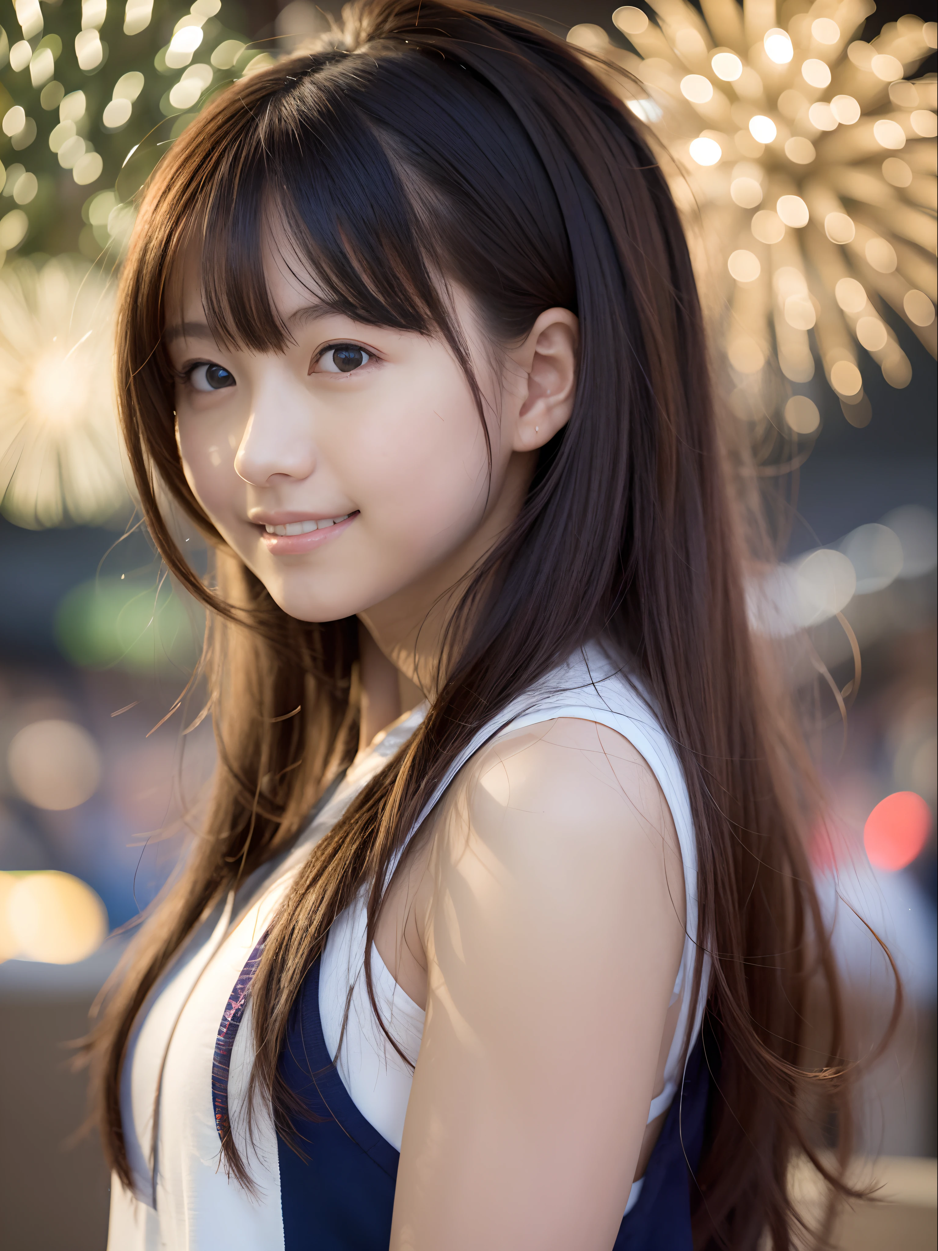Wide shot of beautiful 18-year-old woman in sailor suit in mysterious fireworks display background: 1.5, Unity 8k Wallpapers: 1.3, highly accurate: 1.1。As a stylish snapshot、18-year-old beauty smiling、Beauty 18 years old: 1.3、wide Shots: 1.2、a miniskirt、Fireworks Display: 1.1。 A smile realisitic、Live action、starrysky
