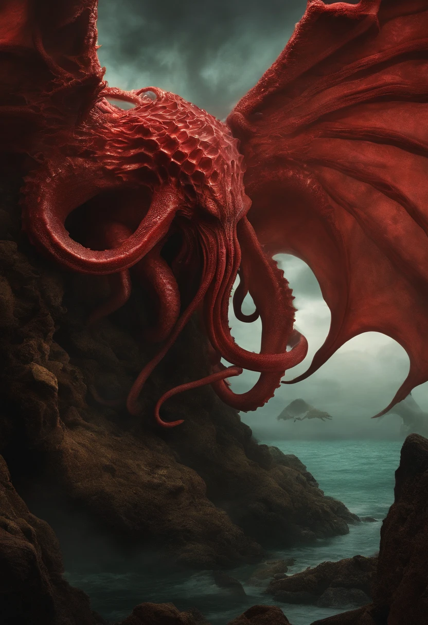 Cthulhu Mythos，Specialized in surrealism, Futuristic , coral, wizard, abstracted, Dark, Red, hell,