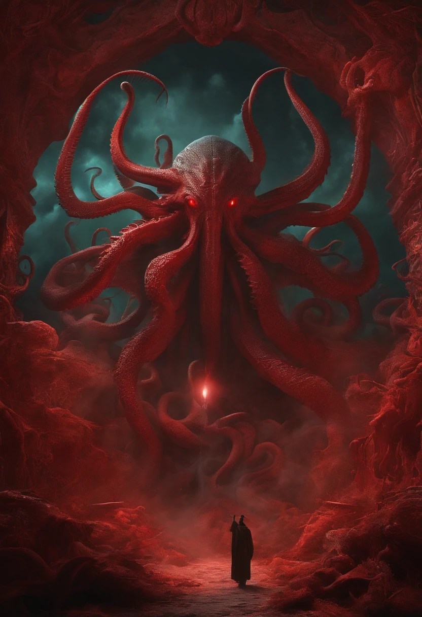 Cthulhu Mythos,Specialized in surrealism, Futuristic , coral, wizard, abstracted, Dark, Red, hell,