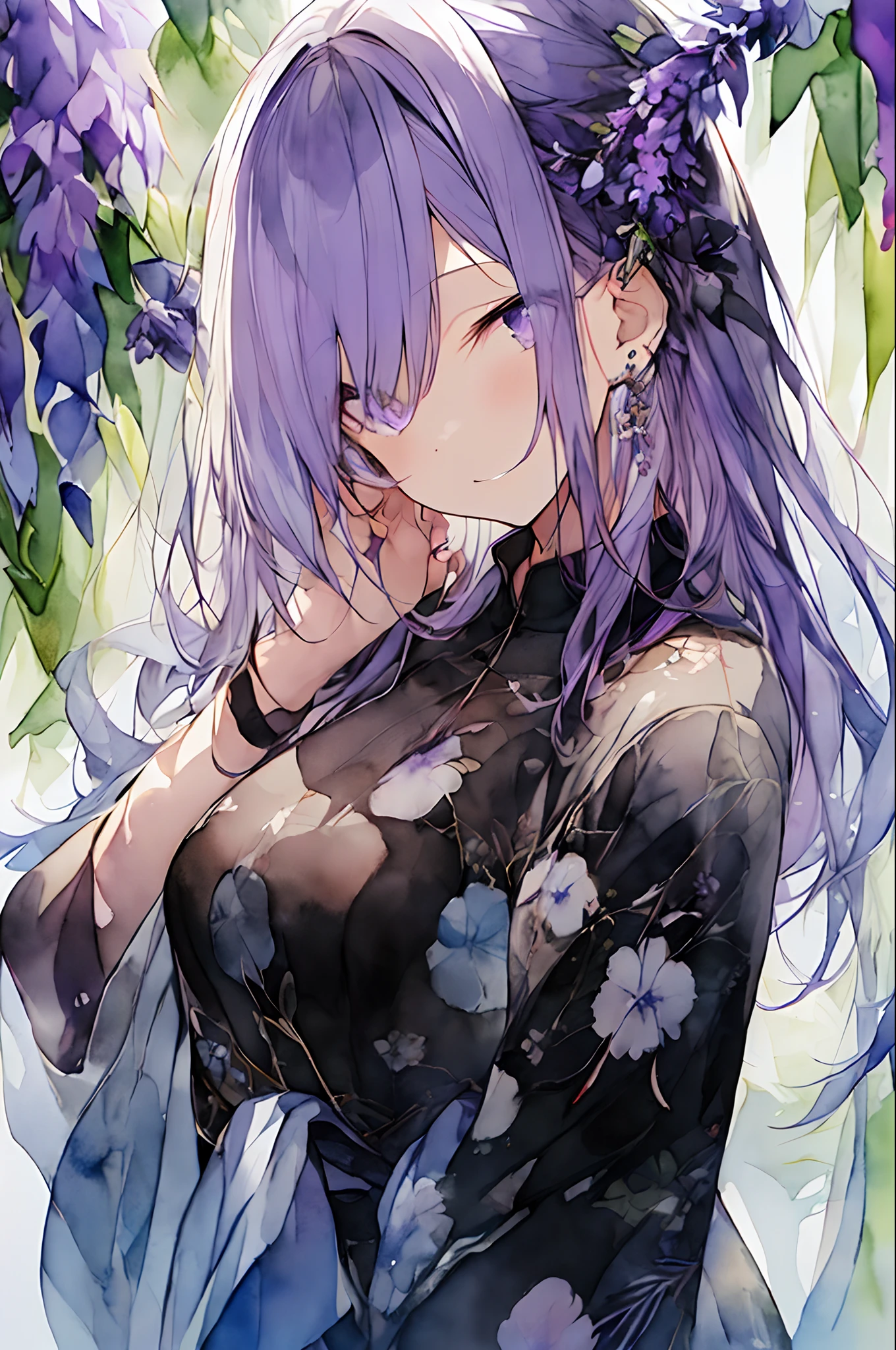 (watercolor paiting:1.2),1girl in, 独奏, florals, lavender、portraitures, Sateen、bangss, lavender、black and purple hair, length hair, Hair between purple eyes, Flower earrings、Beautiful eyes、Skin revealing