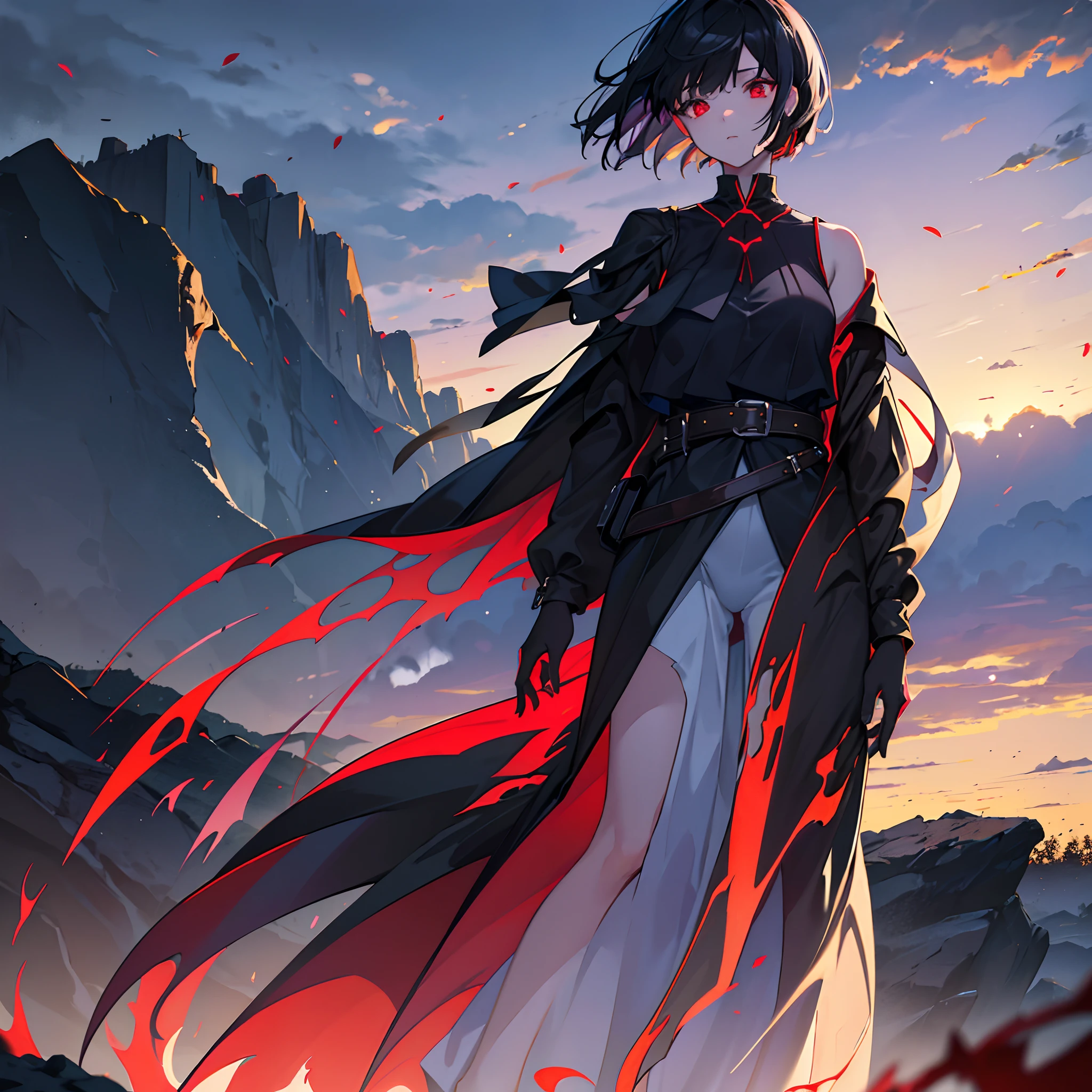 Masterpiece, best quality, aberrant colours, 1 girl, solo, (dim_lighting:1.3), far away view, (zoomed_out:1.3), shoulder look, long open outfit over blue blouse, loose short hair, black hair, glowing red eyes, dark colours, standing atop a high cliff