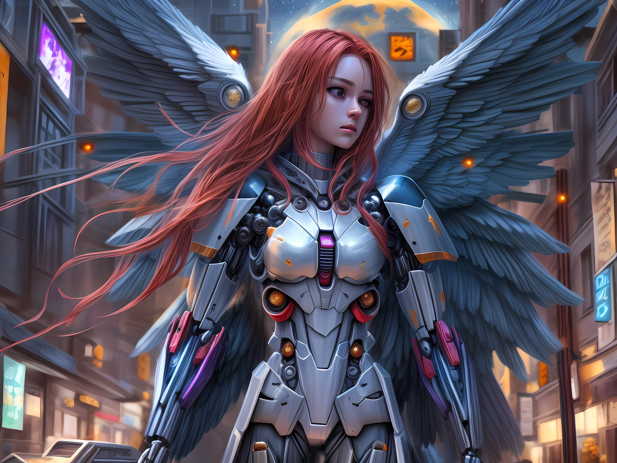 a picture of  a female angel mecha girl, walking in a fantasy urban street at night, full body, an extremely beautiful female mecha angel, dynamic angle (ultra detailed, Masterpiece, best quality), ultra detailed face (ultra detailed, Masterpiece, best quality), ultra feminine,  black hair, short hair, dynamic eyes color, angel_wings spread white angelic mechanical wings, (wearing silver armor: 1.4), blue cloak, fantasysword armed with sword  walking in a fantasy setting street, night time, red moon, stars  high details, best quality, 16k, [ultra detailed], masterpiece, best quality, (ultra detailed), full body, ultra wide shot, photorealism, fantasy art, RPG art
