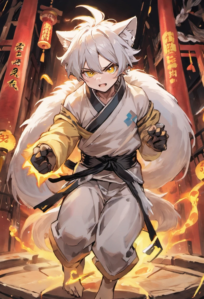 Jumping around aggressively,male ,With silver hair,Dog ears grow out of the head,Tun-tsun hair,Wolfcut,dishevled hair,White attire,Decorative collars,tusk,yellow eyes,sharp big eyes,Rampaging figure,battleing,Dog tail,furred,nails are long,Muscular masterpieces、disheveled clothes,top-quality、(illustratio)、boyish、(White hair)、cute little、(Fur and white clothes)、Background of Japan Shrine