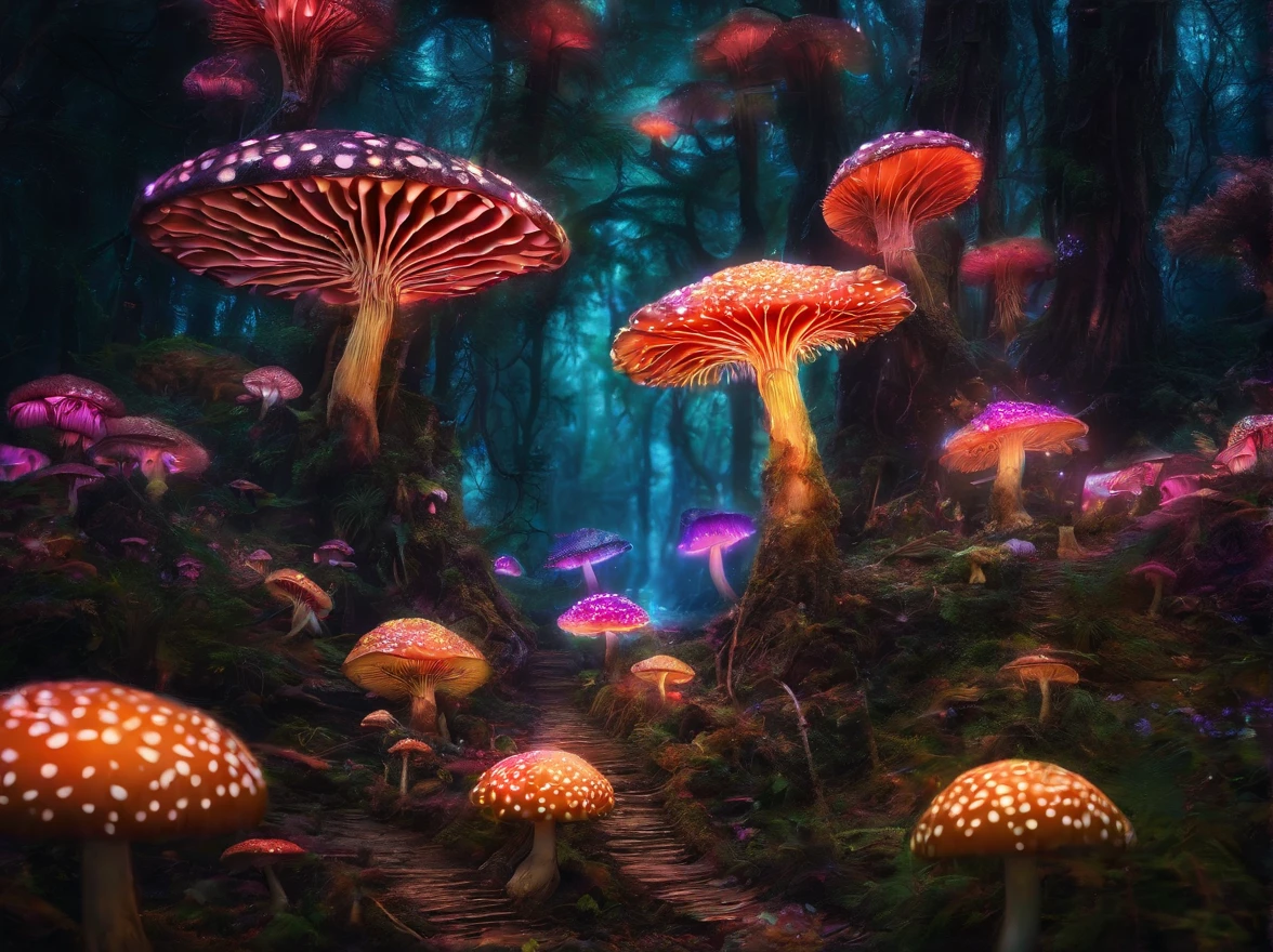 large mushrooms,cogumelo trippy,Mushroom forest,Fantastic effect,themoon,in the rain,Rainforest woods,a plant,(Masterpiece, Best quality), Intricate details, 8K, art stations, Sharp focus,,
