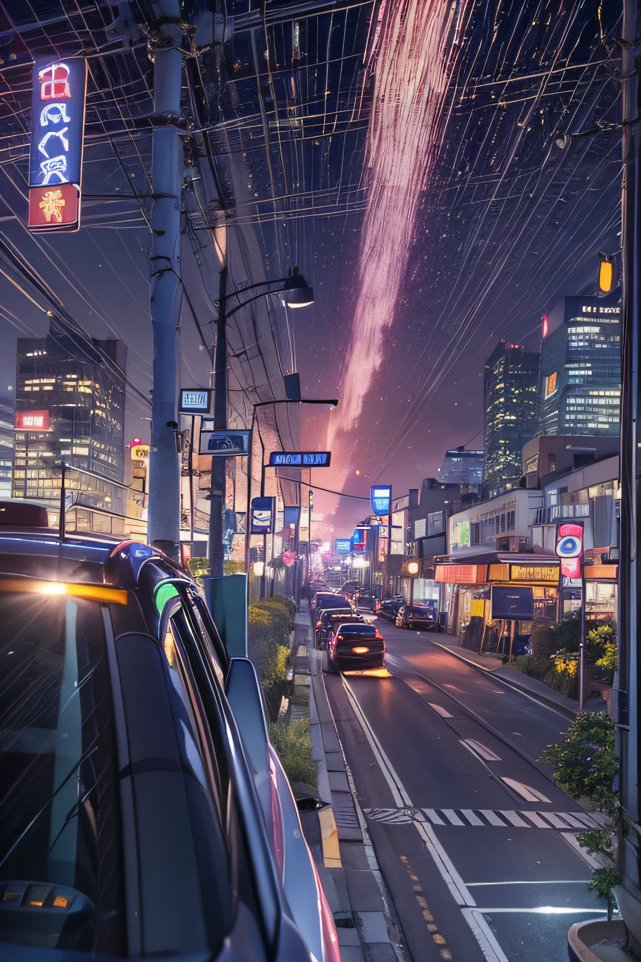 1womanl、Early 20s、(beauitful face:1.5)、Central Freeway、Overtaking Chofu Base、If you're heading to the mountains、(Twilight dyes and unfolds the windshield)、(City lights begin to flicker:1.1)