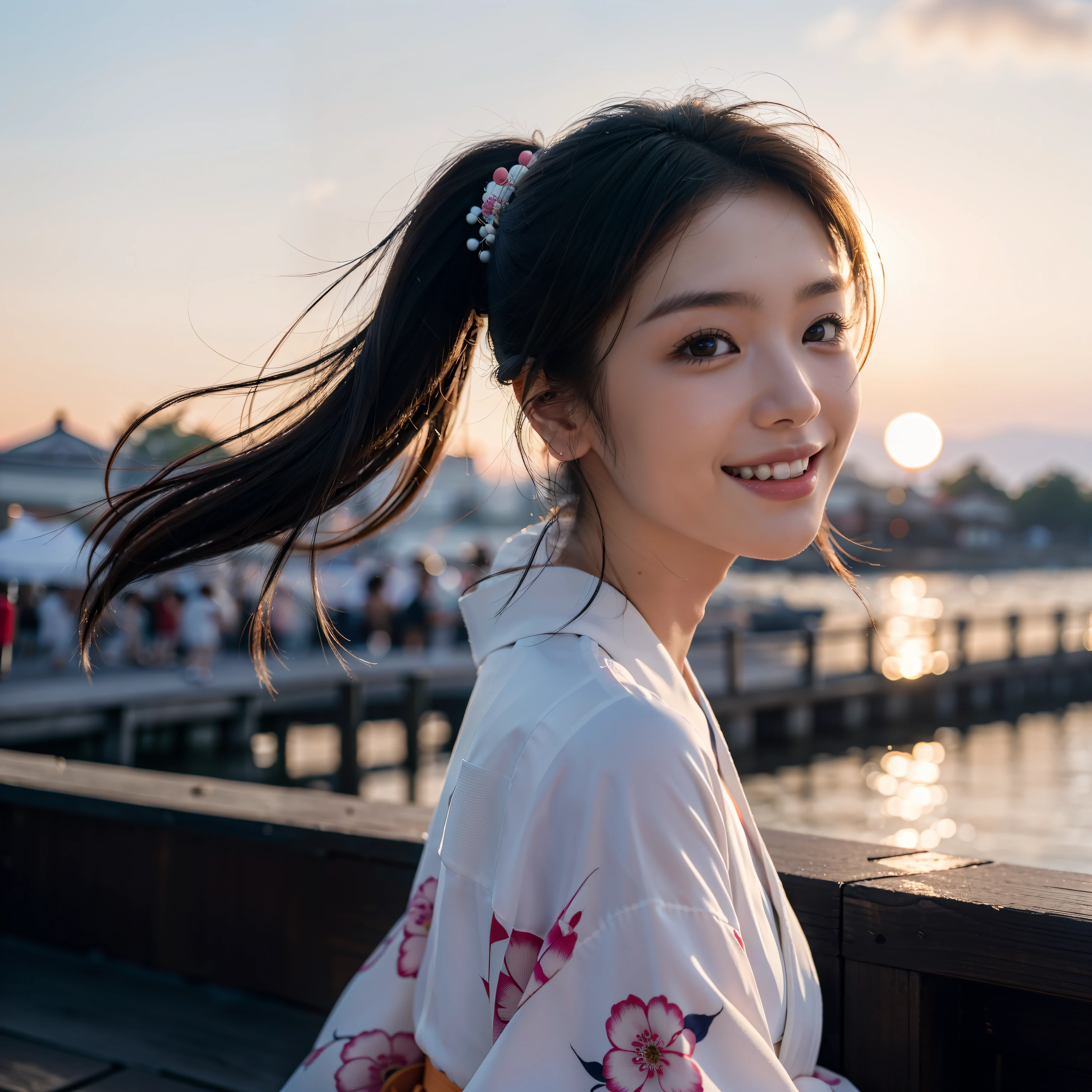 looking in camera,(((of the highest quality, 8K, masutepiece))), Crisp focus, (Beautiful woman with perfect figure), slender, (Hairstyle: ass hole up)), ((Kimono: CALA)), Street: 1.2 Highly detailed face and skin texture Detailed eyes Double eyelids Random posture, (Smile),Super cute Japan person,Super Beautiful Japan Girl, Realistic face, 二重まぶた,Smile,Summer festival , At sunset , Beautiful teeth , firework background.