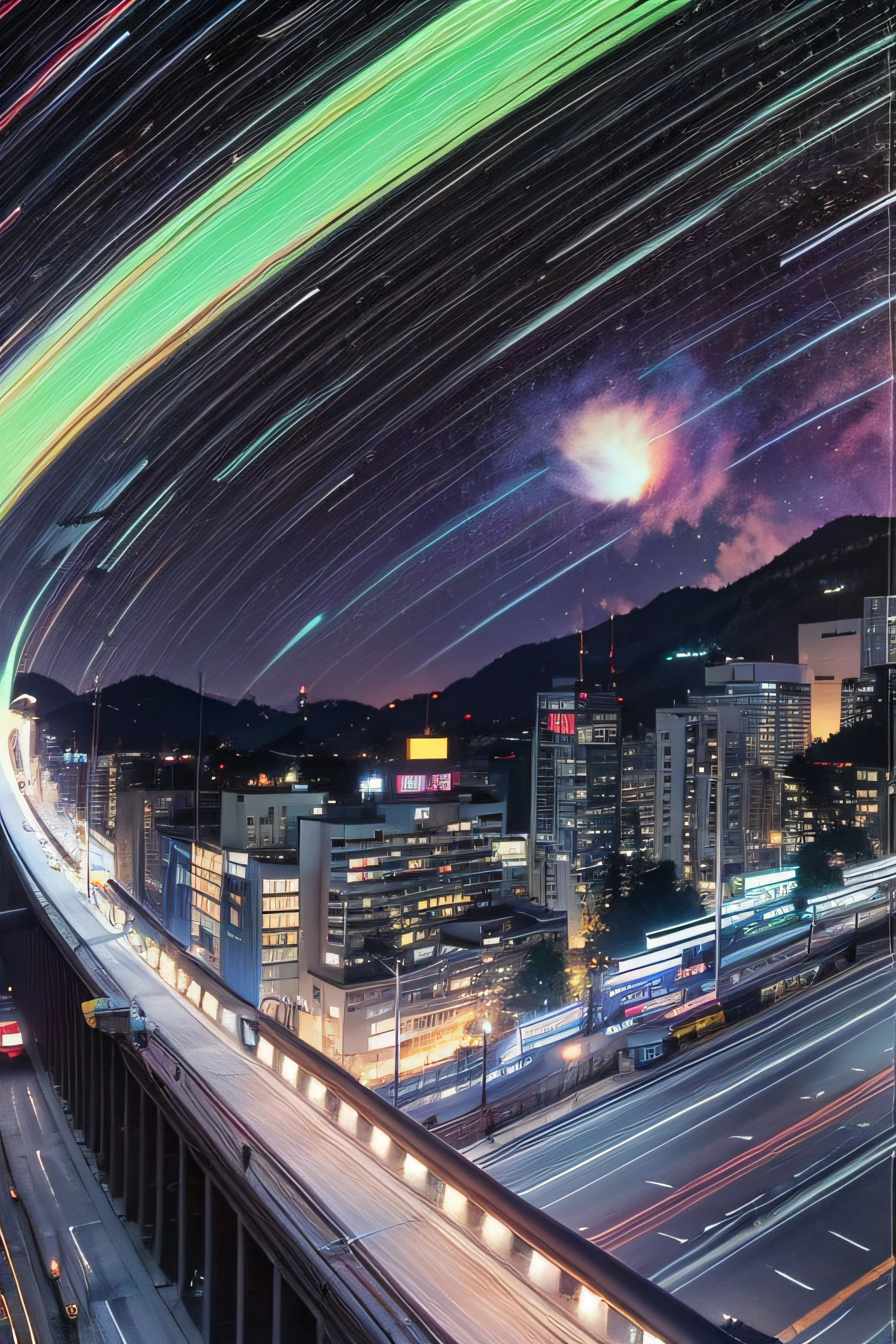 1womanl、Early 20s、(beauitful face:1.5)、Central Freeway、Overtaking Chofu Base、If you're heading to the mountains、(Twilight dyes and unfolds the windshield)、(City lights begin to flicker:1.1)