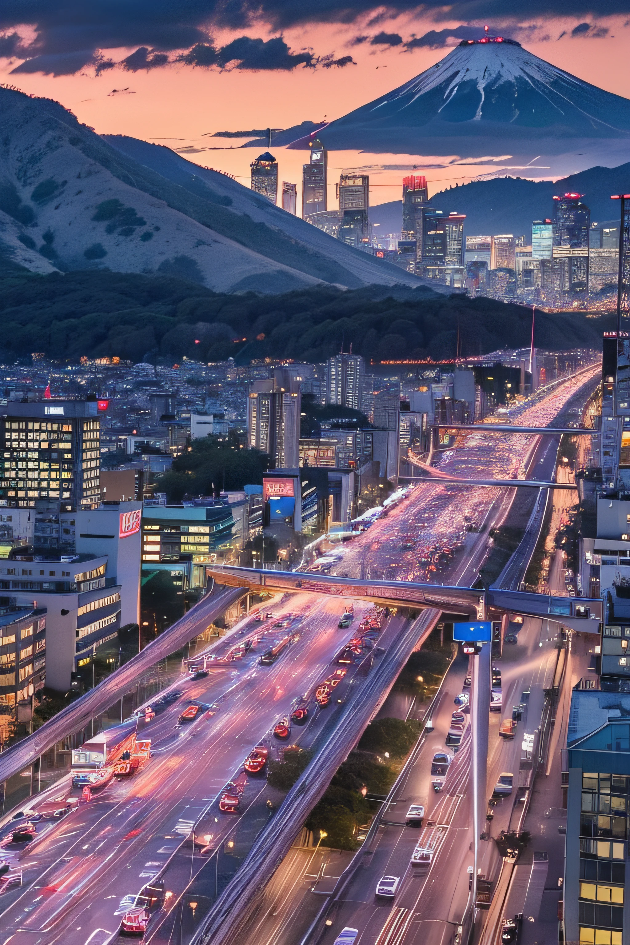 SunsetDusk、luci、Over Tokyo、Sky tree,,,,、mount fuji、Movie lighting、depth offield、bokeh、realistness、PHOTOREALISTIC、Hyper Realism、professional photos、VFG、Dslr、VFG