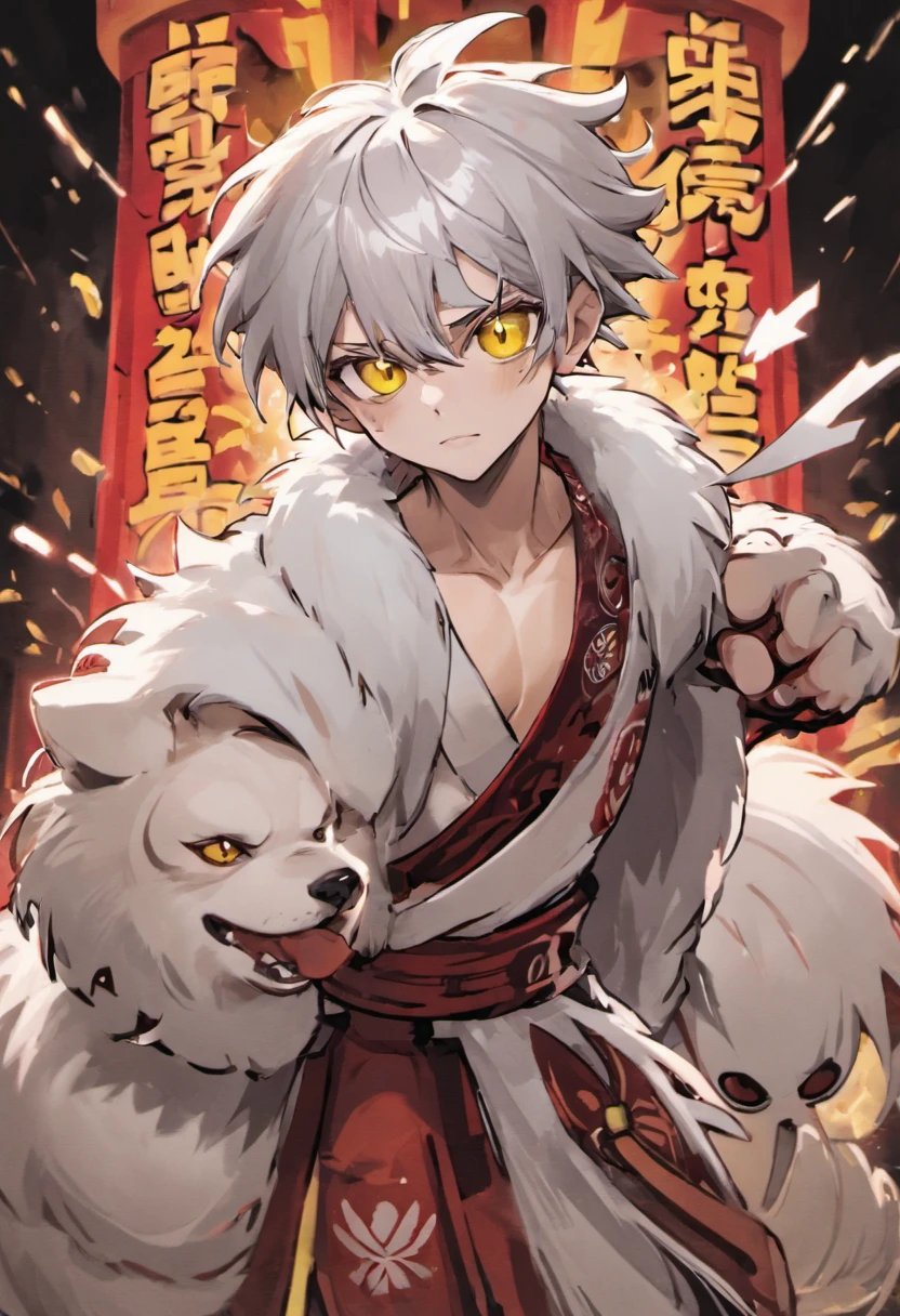 Actively fly around,a cool,bad face,badness,male teen,With silver hair,Dog ears grow from the head,Tun-tsun hair,Wolfcut,dishevled hair,White attire,Decorative collar,tusk,yellow eyes,sharp big eyes,Rampaging figure,battleing,Dog tail,furred,nails are long,Muscular masterpieces、Disheveled clothes,top-quality、(illustratio)、boyish、(White hair)、(Fur and white clothes)、Background of Japan Shrine