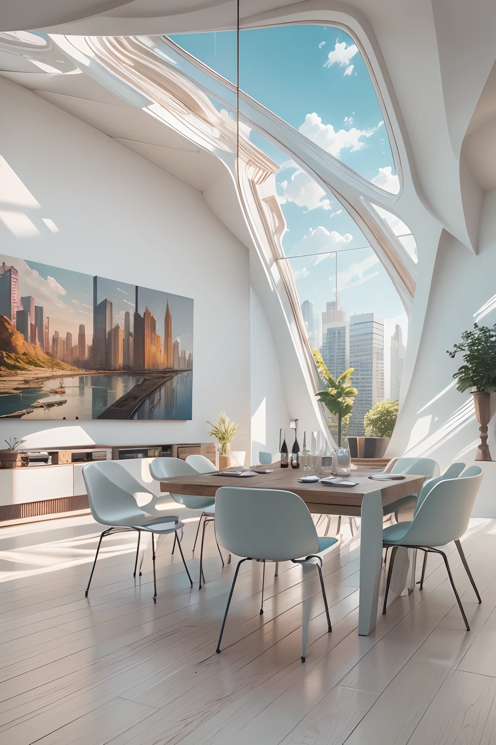 reception room,There is a wall in the middle of the reception room,The painting on the wall is in the middle, Paintings on the walls, skyscape, Large airy windows, Zaha Hadid and Santiago Calatrava landscape panoramic style, Fish, Clear light, Edge lighting, Perfect image, Building summary style, 16k UE5. superfine, 8K, hdr, Product photography, Depth of field, Nikon D850, Ultra-realistic, no contrast, clean sharp focus, professional, No blurring