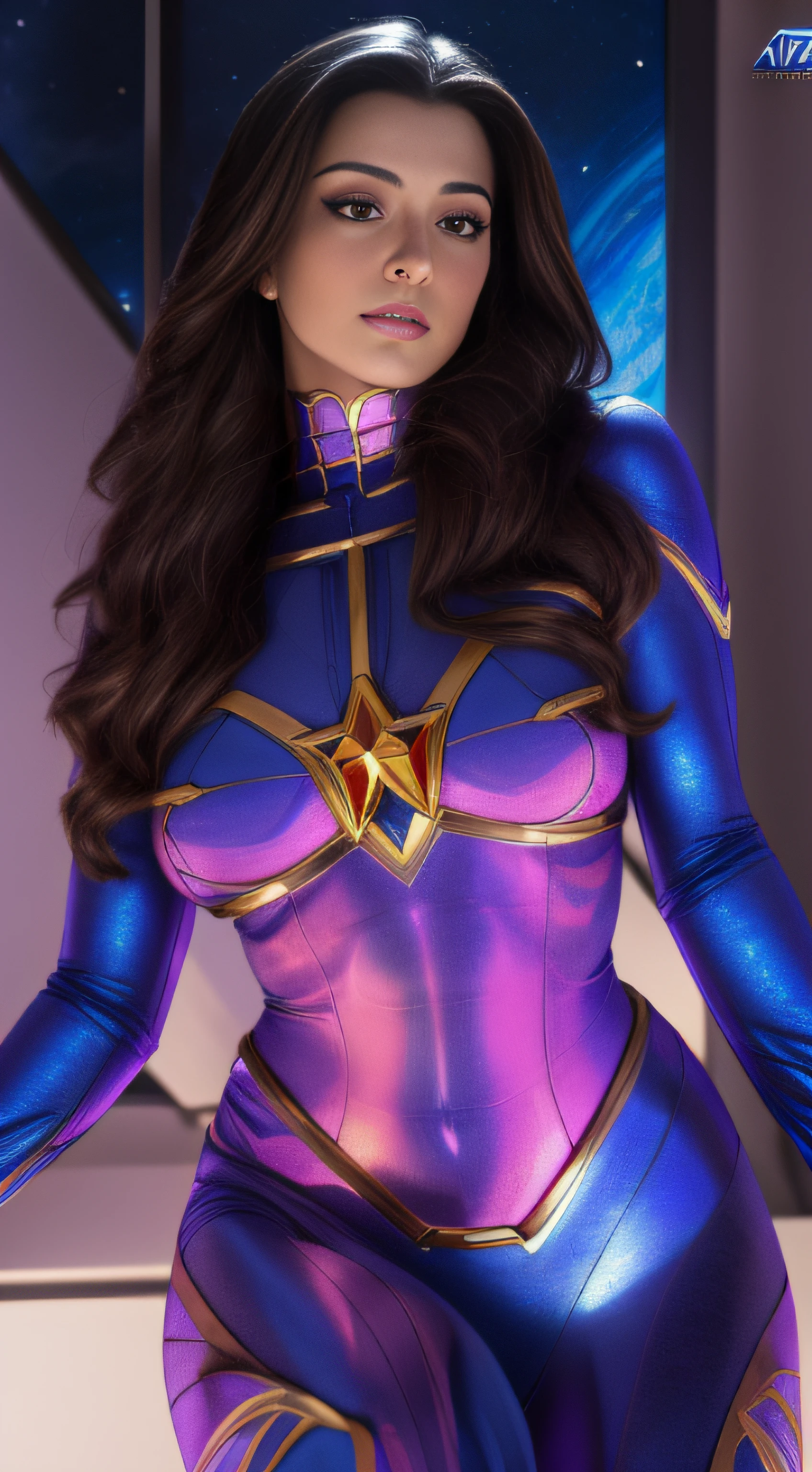( Masterpiece, 4k resolution, ultra-realistic, very detailed) lea martinez as Sexy star sapphire cosmic super heroine wears atiara photography by artgerm, in the style of realism, glistening skin, cartooncore, mangacore, natural lighting, Defined full lips. feminine body (In space)