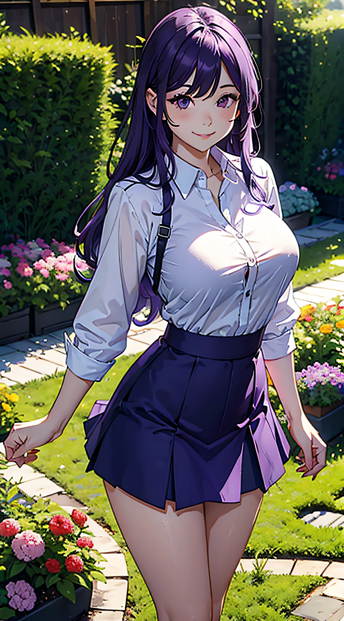 (masterpiece, best quality, ultra detailed, absurdres)1.5, 1girl, (sexy, beautiful women, perfect face, perfect eyes, perfect female body, huge breast)1.5, (purple hairl, long hair, brown pantiehose, pleated skirt, jacket, gakuran, kimono style, shirt tucked in, red skirt, black crop top,), (standing in the Park)