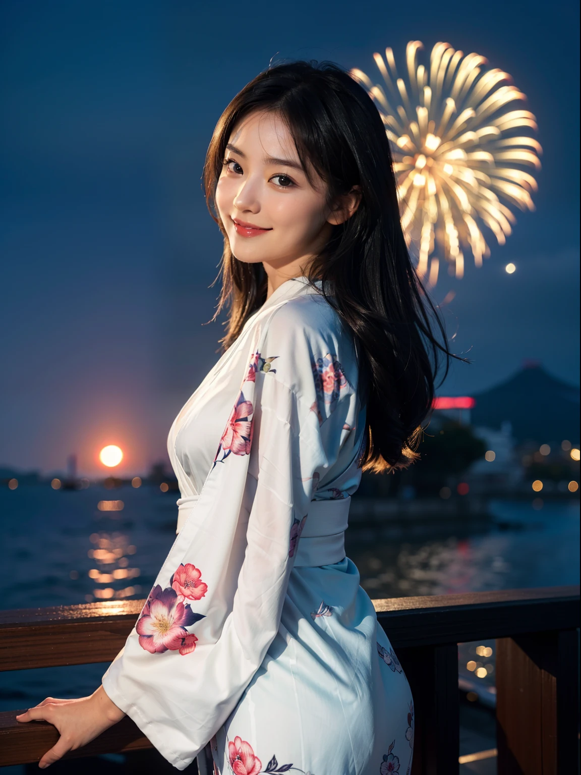 looking in camera,(((of the highest quality, 8K, masutepiece))), Crisp focus, (Beautiful woman with perfect figure), slender, (Hairstyle:    ass hole up)), ((Kimono: CALA)), Street: 1.2 Highly detailed face and skin texture Detailed eyes Double eyelids Random posture, (Smile),Super cute Japan person,Super Beautiful Japan Girl, Realistic face, 二重まぶた,Smile,Summer festival , At sunset , firework background.