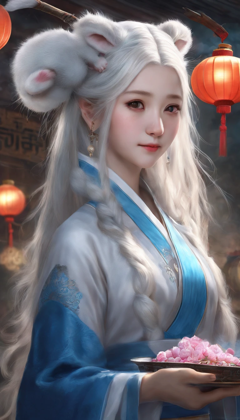 lovelygirl,1girl,white hair,blue Hanfu,rabbit,moon cake,lantern,