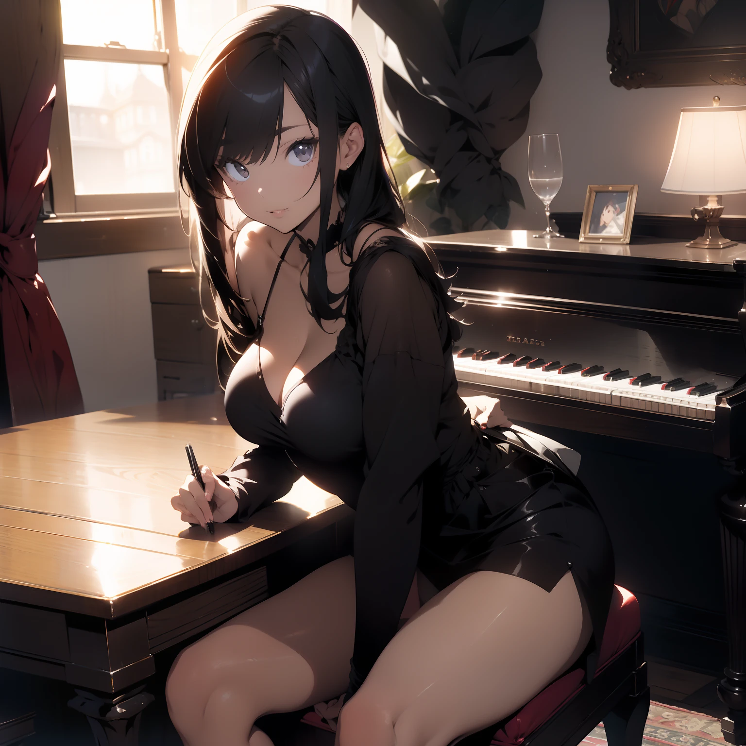 araffe sitting on a chair in front of a piano, sultry and beckoning, seductively looking in front, elegant seducing pose, gorgeous female, sexy dominant pose, sitting on a table, sat at her desk, on a desk, very sexy pose, sitting on a desk, 4 k glamour photography