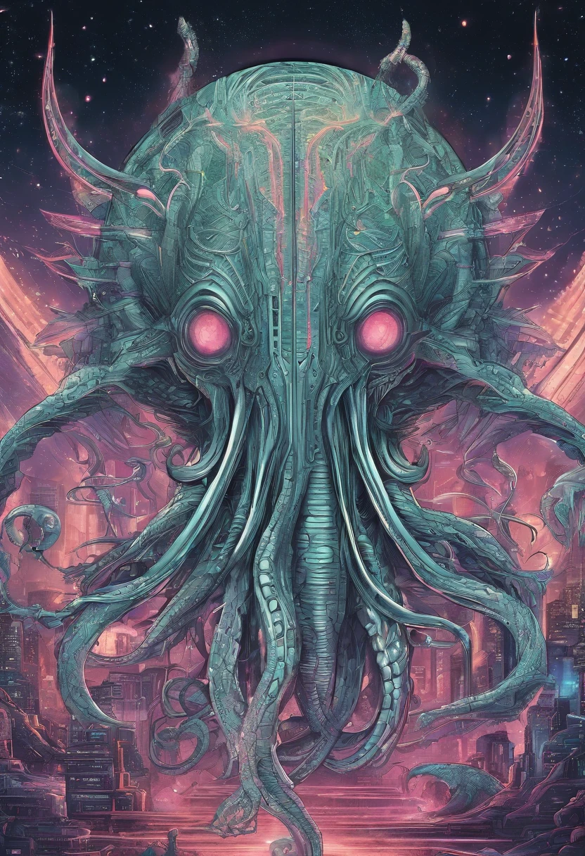 ((Illuminati:1.2)) Octopus-tentacles (Immense detail) (android, cyborg) ((all-seeing eye):1.3) Morphing Hypnotic deep-state illustration (psychedelic art) surrealism, dark and evil glow, glow neon paint, defined sharp edges, mystical,  (Multi-dimensional:1.2) scifi