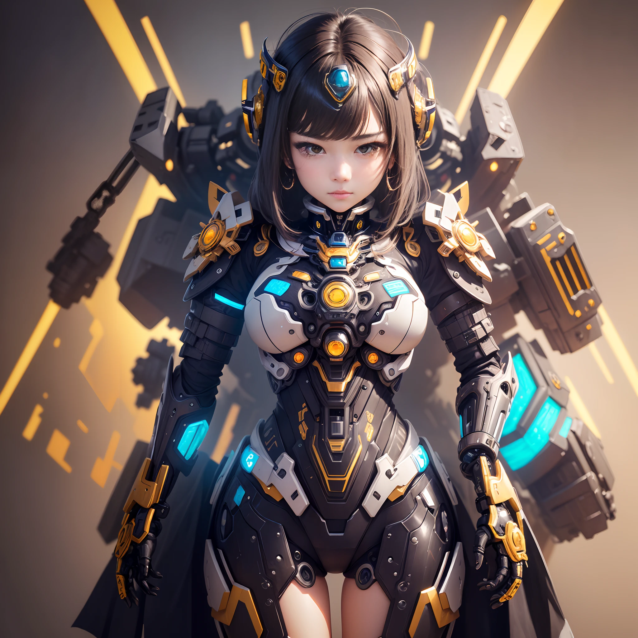 beste Quality、masterspiece、ultra-highres、(photorealestic:1.4)、Raw photo、女の子1人、Black hair、glowy skin、1 Mechanical Girl、((ultra realistic details))、portlate、Global Illumination、Shadow、Rendu octane、8K、ultrasharp、Giant tits、Raw skin is exposed in cleavage、metals、Details of complex ornaments、Gundam details、Matsumoto Meter、vacuum tubes、Nixie Kan、Oil pressure gauge、Glass Kan、Analog Meter、cogs、gear、Golden hydraulic cylinder、high intricate details、Realistic light、CGSoation Trends、violet colored eyes、shinning eyes、Facing the camera、neon details、Mechanical limbs、blood vessels connected to tubes、Mechanical vertebrae attached to the back、mechanical cervical attaching to neck、sitting on、Wires and cables connecting to the head、Gundam、Small LED lamp、Luminous tube、