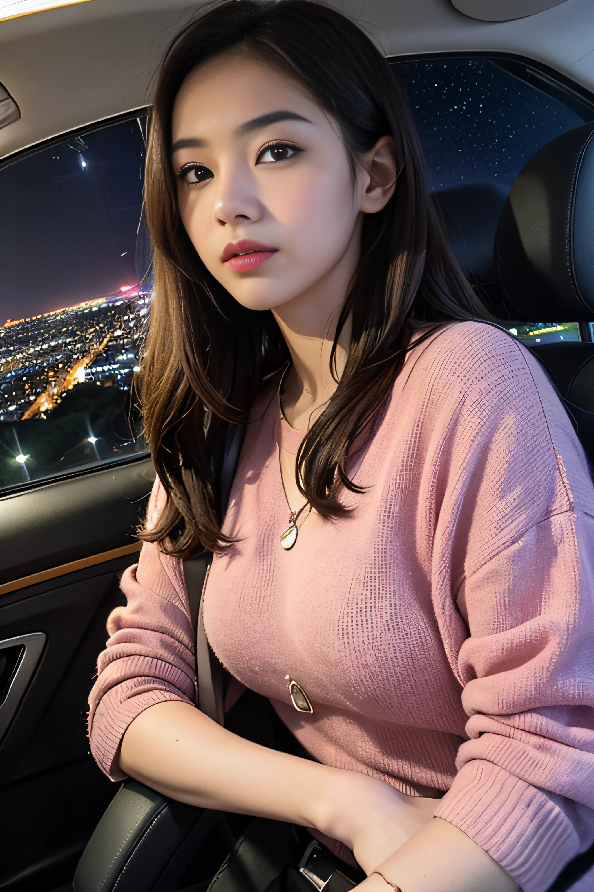 1womanl、Early 20s、(beauitful face:1.5)、Central Freeway、Overtaking Chofu Base、If you're heading to the mountains、(Twilight dyes and unfolds the windshield)、(City lights begin to flicker:1.1)