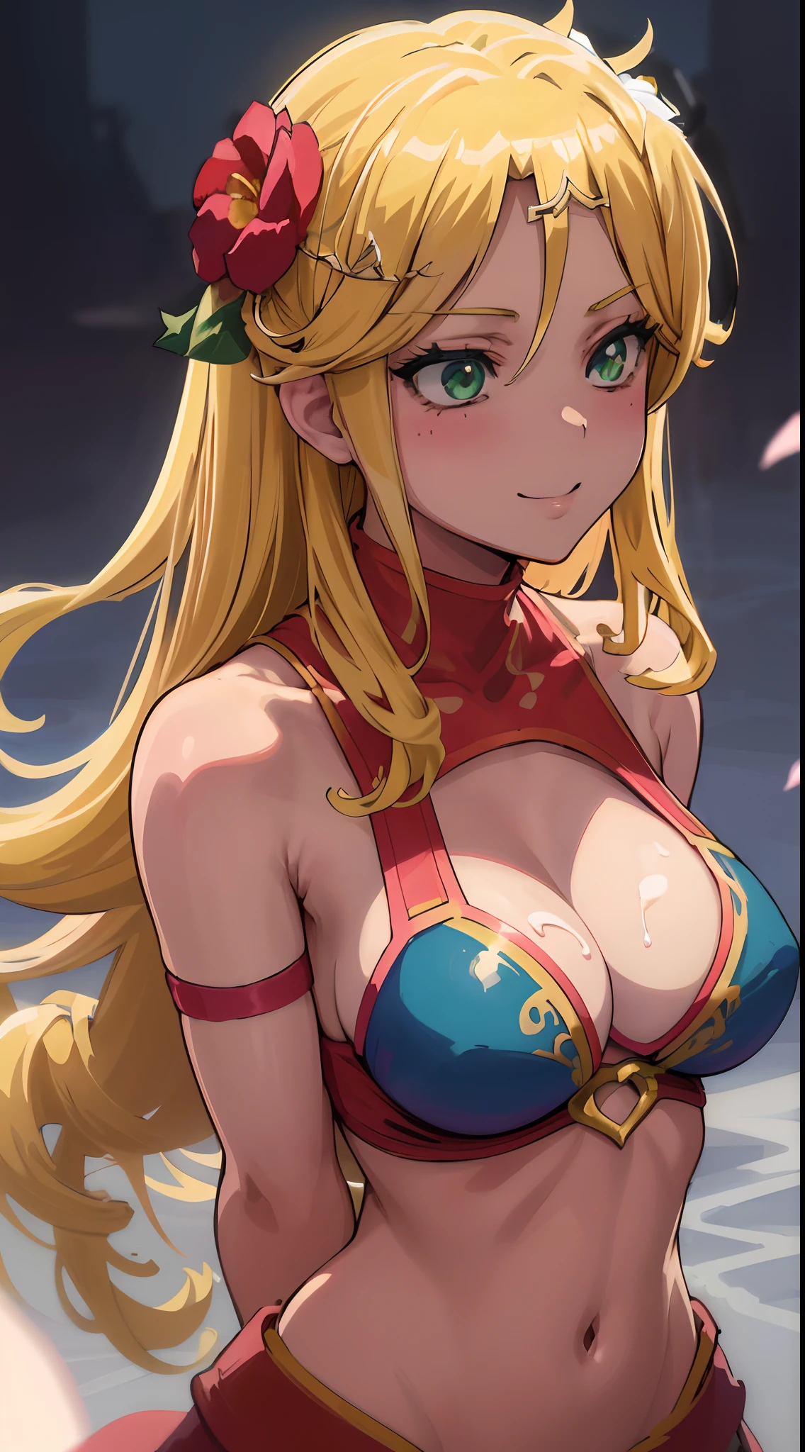 masterpiece, best quality, absurdres, perfect anatomy, 1girl, solo, Laykus, long hair, hair flower, bikini, cleavage, smile, arms behind back, leaning forward, (((upper body))), cum on face, detailed eyes,  cum on breasts, green eyes, blush, sleeveless