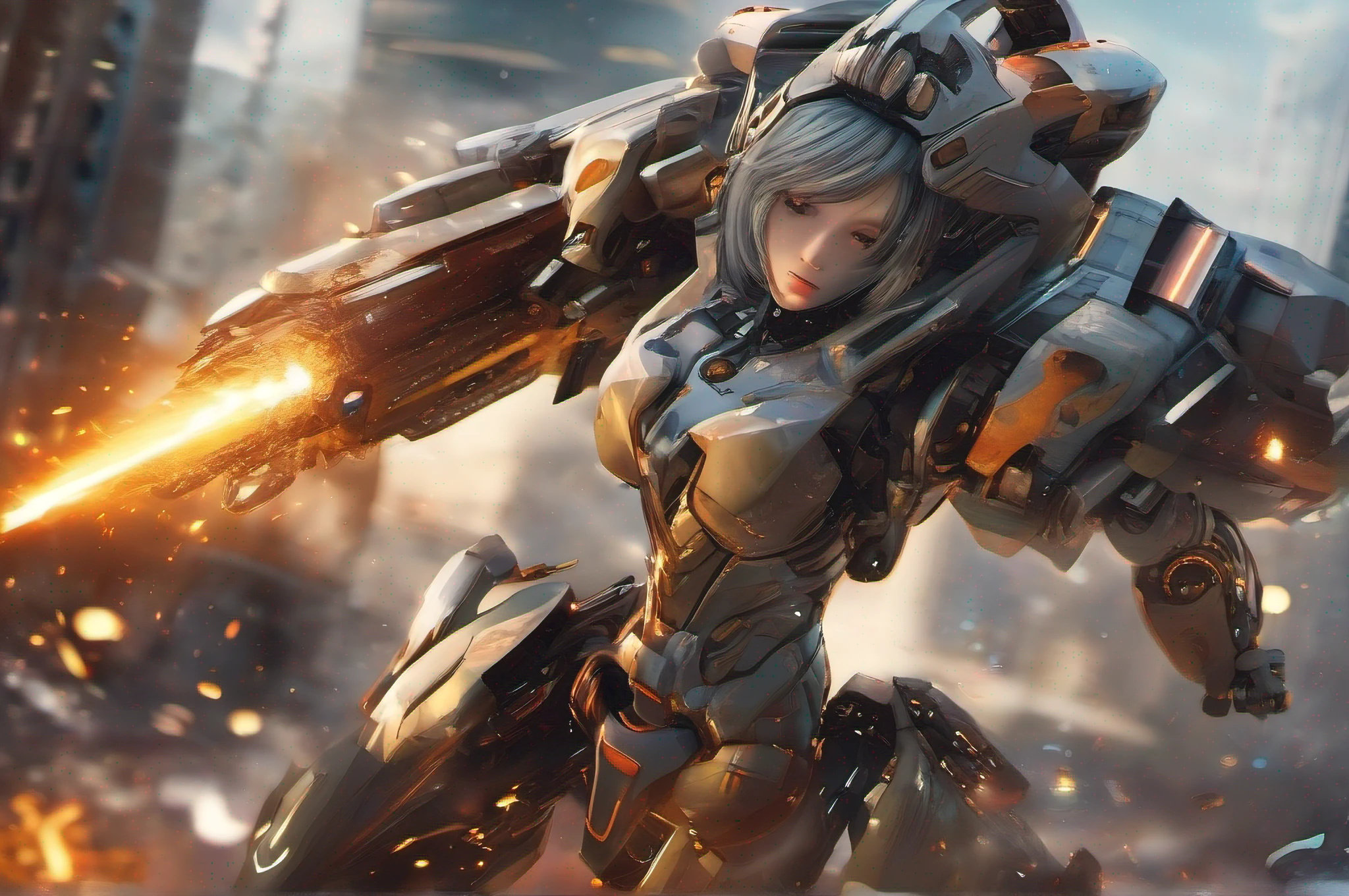 best quality, ultra-detailed, Mecha girl, dynamic action, pure face, metallic robotic body, explosion, smoke, flame, depth of field, professional lighting,