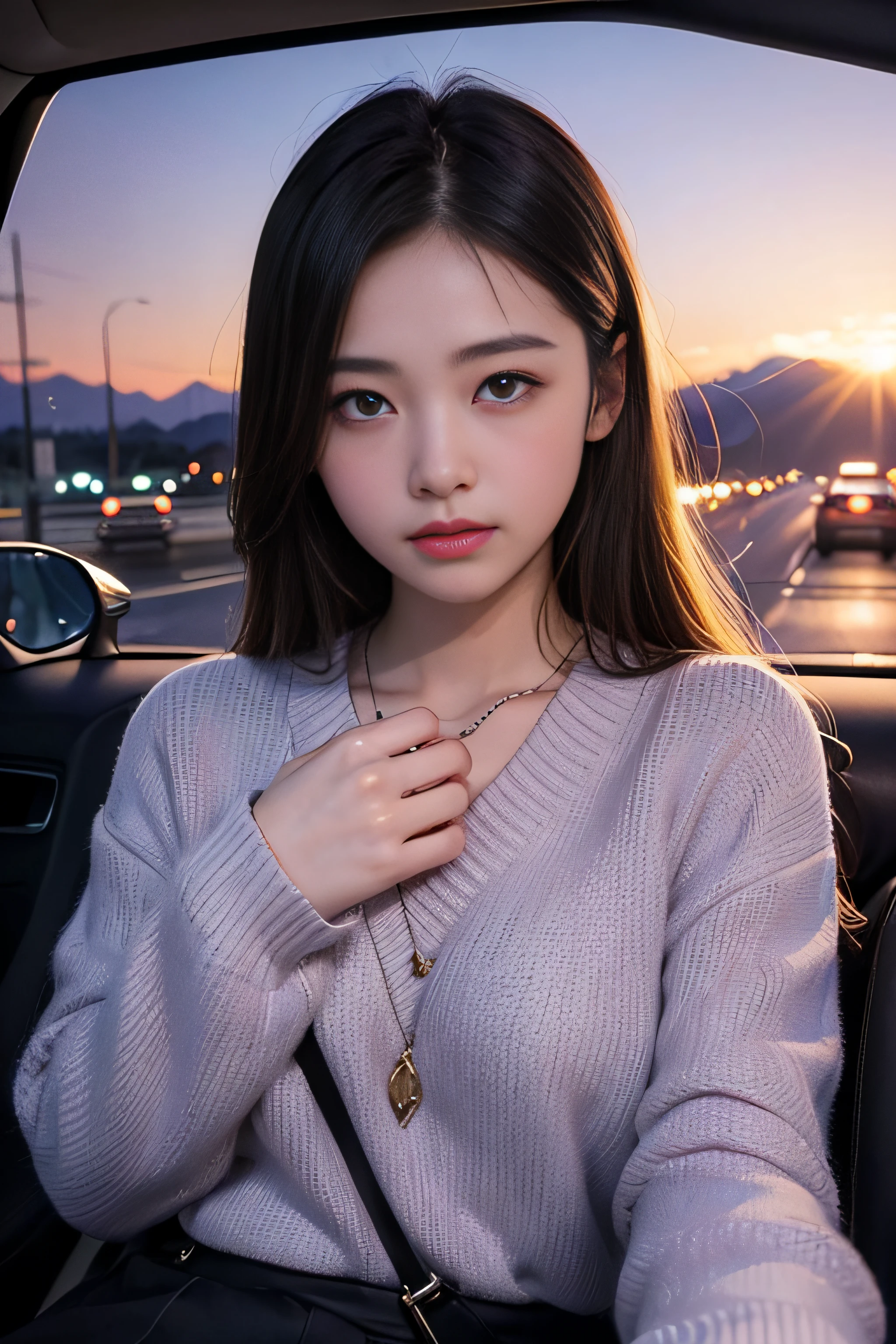 1womanl、Early 20s、(beauitful face:1.5)、Central Freeway、Overtaking Chofu Base、If you're heading to the mountains、(Twilight dyes and unfolds the windshield)、(City lights begin to flicker:1.1)
