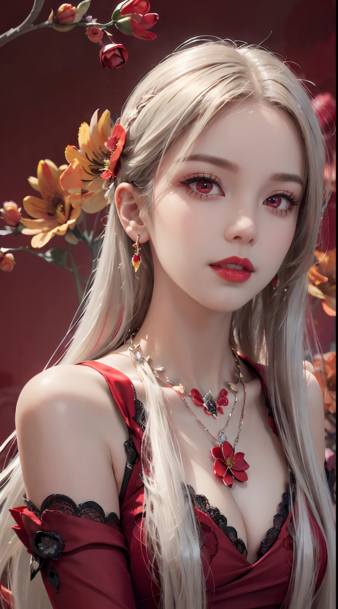 1 beautiful and sexy 20 year old girl, ((wearing a super thin red dress:1.8)), dress with diamonds, ((long platinum hair:1.6)), bangs, elaborate jewelry made from stones noble and beautiful hair, ( (wearing black lace necklace:1.4))), noble, noble style of an extremely beautiful girl, super cute small face, very pretty face, eyebrows sparse, beautiful, flawless face, ((black eye pupils: 0.8) )), very beautiful eyes, ((light red eyes: 1.5)), beautiful makeup and hair, detailed eyelashes, makeup wet eyes, high nose, earrings, red lips, ((closed mouth: 1;5 )) beautiful lips, slim hands, most beautiful thighs, ((arms spread out to the sides: 1.5) ), pink face proud, clean face, flawless beautiful face, smooth white skin, (big breasts: 1.5)), ((high breasts: 1.6) ), firm breasts, beautiful cleavage, (((big and super breasts round: 1.8))), ((super tight breasts: 1.7)) , beautiful breasts, back sleeves, exposed chest, thin black mesh stockings with black lace border, 8k photo, super high quality, super realistic, super 10x pixels, optical study, light studio, edge light, two-tone light, (high detail skin:1.2), super 8k, soft light, high quality, volumetric light, optical, high resolution optical , lighting, best photo, 4k, 8k quality, blur effect, smooth sharpness, 10 x pixels, ((red flower background:1.7)), aurora, lightning, super realistic graphics, map most realistic painting, alone, solo, extremely sharp image, surreal, upper body of girl, (((frontal portrait:1.4)))."