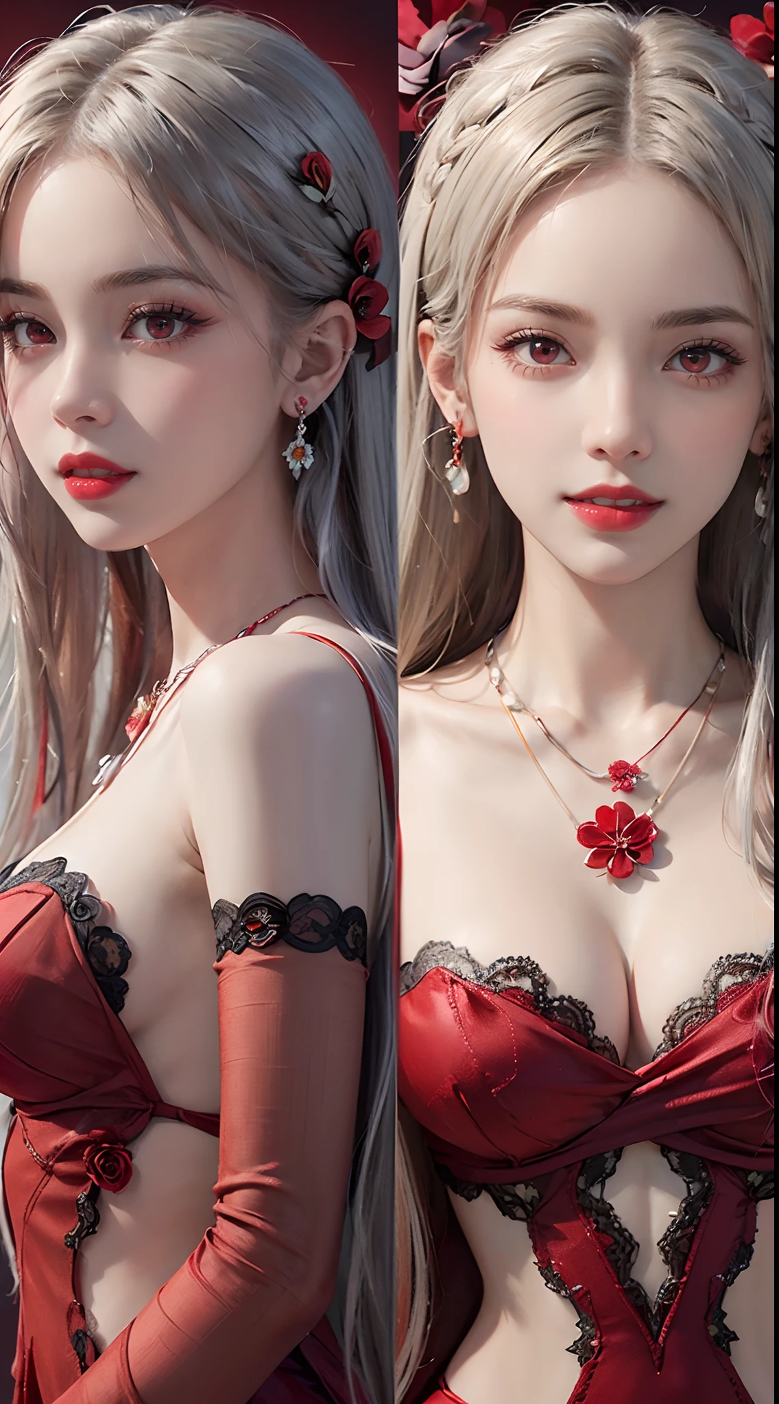 1 beautiful and sexy 20 year old girl, ((wearing a super thin red dress:1.8)), dress with diamonds, ((long platinum hair:1.6)), bangs, elaborate jewelry made from stones noble and beautiful hair, ( (wearing black lace necklace:1.4))), noble, noble style of an extremely beautiful girl, super cute small face, very pretty face, eyebrows sparse, beautiful, flawless face, ((black eye pupils: 0.8) )), very beautiful eyes, ((light red eyes: 1.5)), beautiful makeup and hair, detailed eyelashes, makeup wet eyes, high nose, earrings, red lips, ((closed mouth: 1;5 )) beautiful lips, slim hands, most beautiful thighs, ((arms spread out to the sides: 1.5) ), pink face proud, clean face, flawless beautiful face, smooth white skin, (big breasts: 1.5)), ((high breasts: 1.6) ), firm breasts, beautiful cleavage, (((big and super breasts round: 1.8))), ((super tight breasts: 1.7)) , beautiful breasts, back sleeves, exposed chest, thin black mesh stockings with black lace border, 8k photo, super high quality, super realistic, super 10x pixels, optical study, light studio, edge light, two-tone light, (high detail skin:1.2), super 8k, soft light, high quality, volumetric light, optical, high resolution optical , lighting, best photo, 4k, 8k quality, blur effect, smooth sharpness, 10 x pixels, ((red flower background:1.7)), aurora, lightning, super realistic graphics, map most realistic painting, alone, solo, extremely sharp image, surreal, upper body of girl, (((frontal portrait:1.4)))."