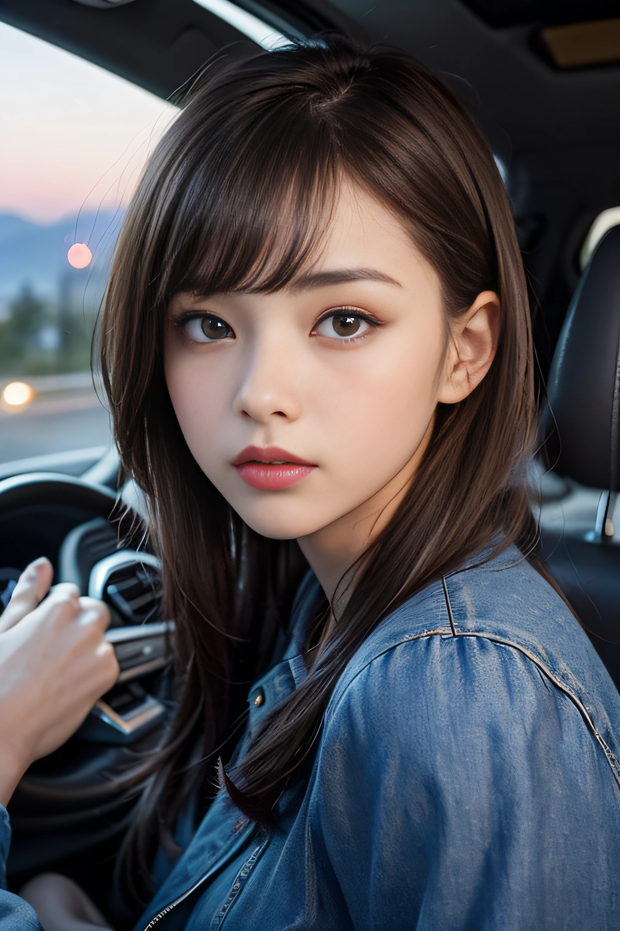 1womanl、Early 20s、(beauitful face:1.5)、Central Freeway、Overtaking Chofu Base、If you're heading to the mountains、(Twilight dyes and unfolds the windshield)、(City lights begin to flicker:1.1)