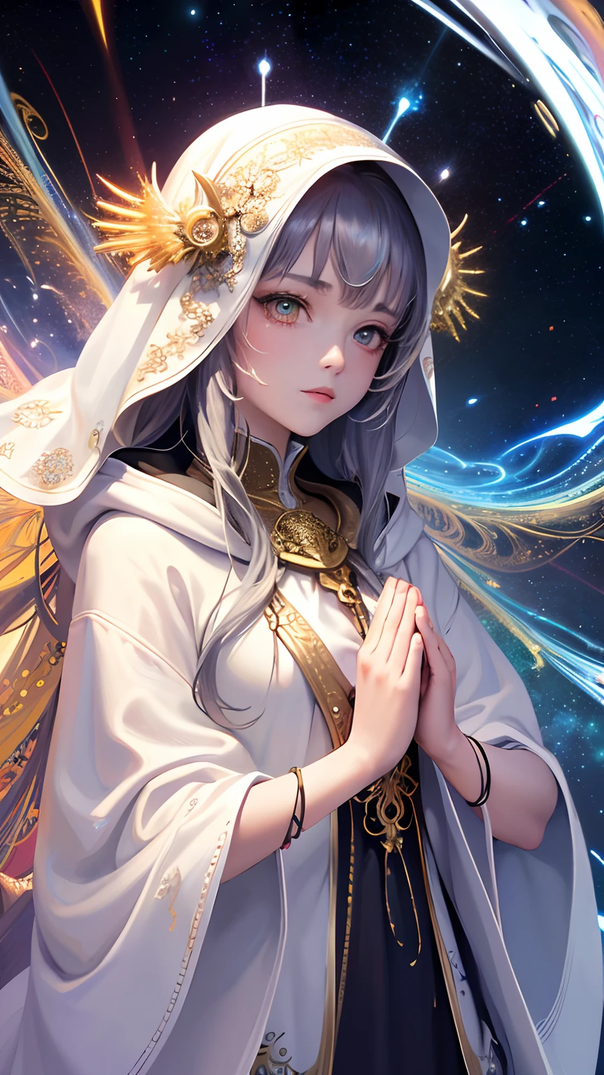 (masterpiece, top quality, best quality, official art, beautiful and aesthetic:1.2), (1girl), extreme detailed, (fractal art:1.3), colorful, highest detailed, perfect face, upper body, HDR, (praying:1.3), (white cloak golden lines:1.2), galaxy, (light streaks), striking visuals, (dynamic streaks, luminous trails:1.2), vibrant colors,