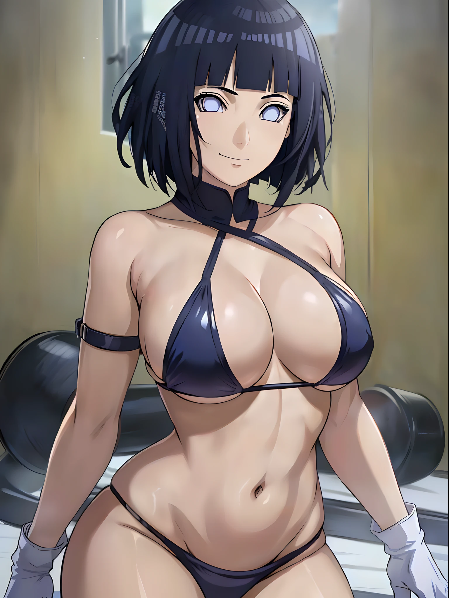 (4k, best quality, cowboy shot), (ultra detailed body, curvy), ((solo, 1 girl)), anime style, hires, ((white background)), (hinata\(boruto\), (female wrestler), (slender body, broad shoulders), (mature woman, milf), (black bikini, micro bikini, ultra detailed pro wrestling gear, long gloves), (extremely gorgeous), (seductive look, smile, closed mouth), (pale skin, shiny skin, lighting and shadow), (dark blue hair color:1.1), wavy hair, ((short hair, hime cut), big breasts, ((detailed arms)), (long belly), (very seductive), (perfect eyes, white sciera, bright eyes, white eyes, anime eyes)