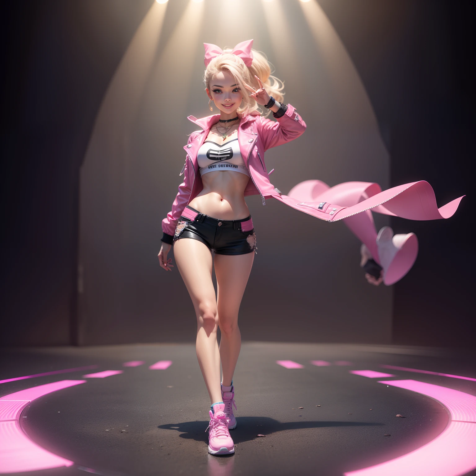 One Barbie, ((Full body)), Blue eyes, Smiling face, Hair loss swaying in the wind, Hip Hop Singer Pose, Dressed in hip-hop style, Wear a pink biker jacket and light-reflecting hot pants,swarovski,pasties,With a pink bow on the arm, Fashion, Extremely high quality, high details, 8K, clean back ground, in studio, ((Full body shot)),Align your fingers neatly,Accurate Hand Modeling,wave her hand,